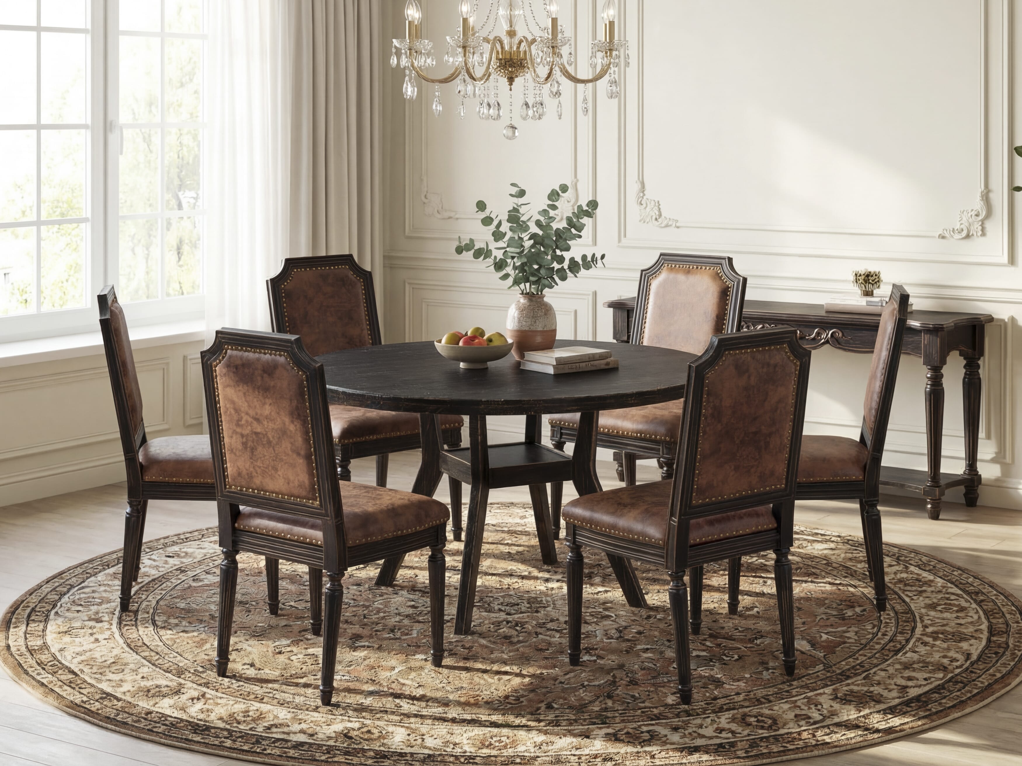 Luxe by East West Furniture I8TY7-511-33 7-Piece Kitchen Set with Polyester 6 Brown Textured dining room chairs, High Back, and A Modern Kitchen Table in Sand Blasting Black Finish.