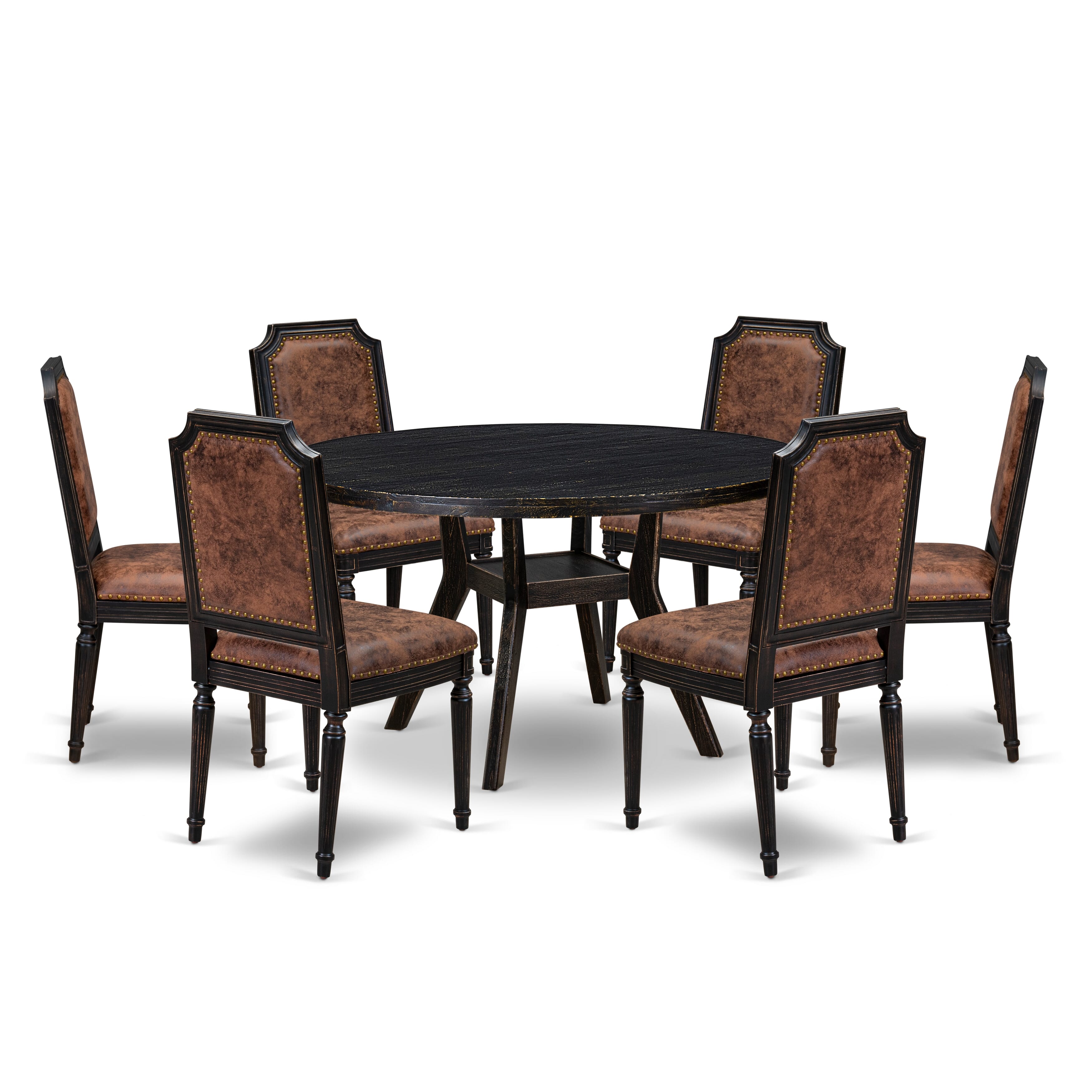 Luxe by East West Furniture I8TY7-511-33 7-Piece Kitchen Set with Polyester 6 Brown Textured dining room chairs, High Back, and A Modern Kitchen Table in Sand Blasting Black Finish.