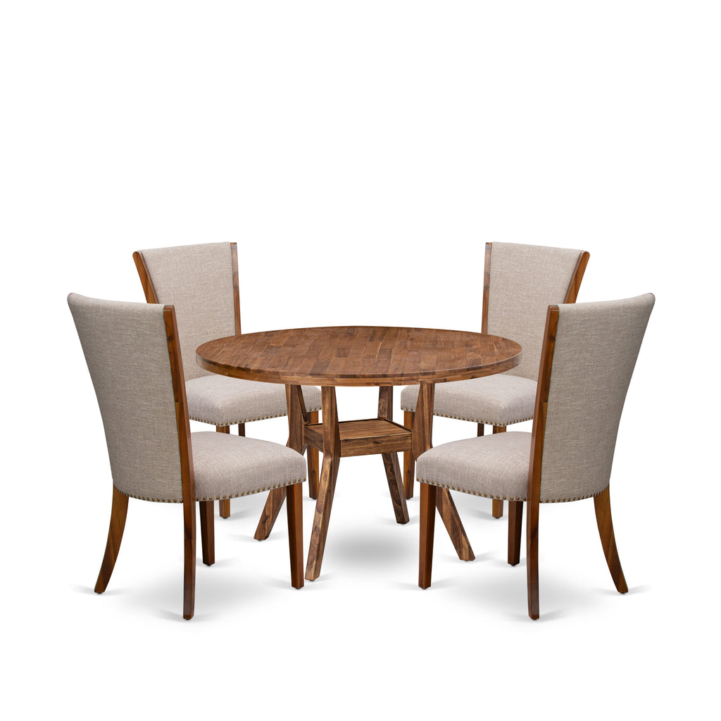 Luxe by East West Furniture I8VE5-40N-04 5 Piece Dining Set for 4 Includes a 48" Round Table with Pedestal and 4 Light Tan Linen Fabric Padded Chairs, Antique Walnut