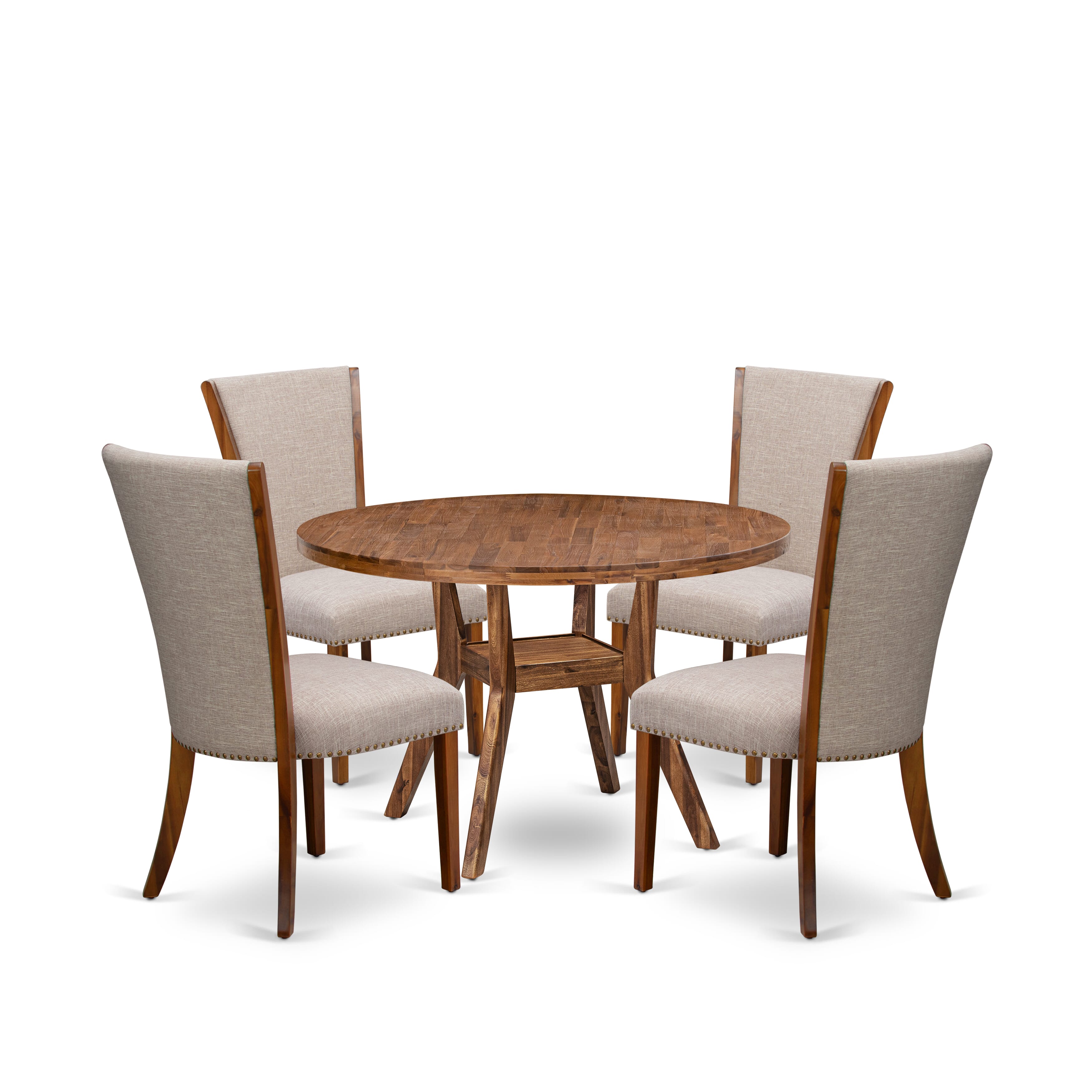 Luxe by East West Furniture I8VE5-40N-04 5 Piece Dining Set for 4 Includes a 48" Round Table with Pedestal and 4 Light Tan Linen Fabric Padded Chairs, Antique Walnut
