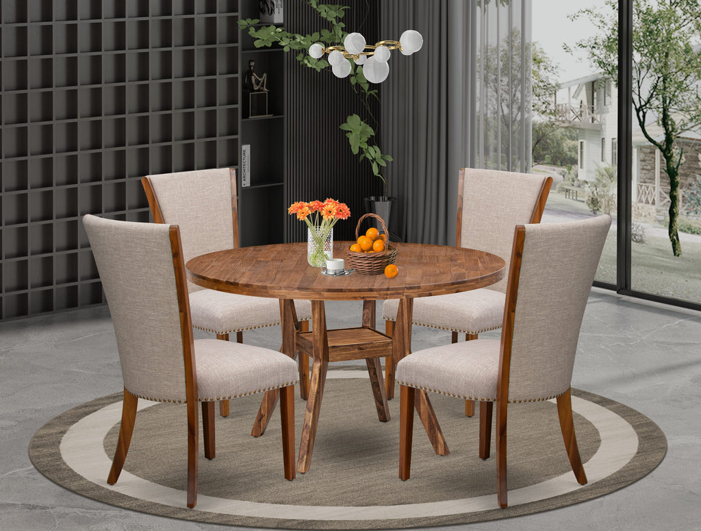 Luxe by East West Furniture I8VE5-50N-04 5 Piece Dining Set for 4 Contains a 54" Round Table with Pedestal and 4 Light Tan Linen Fabric Padded Chairs, Antique Walnut