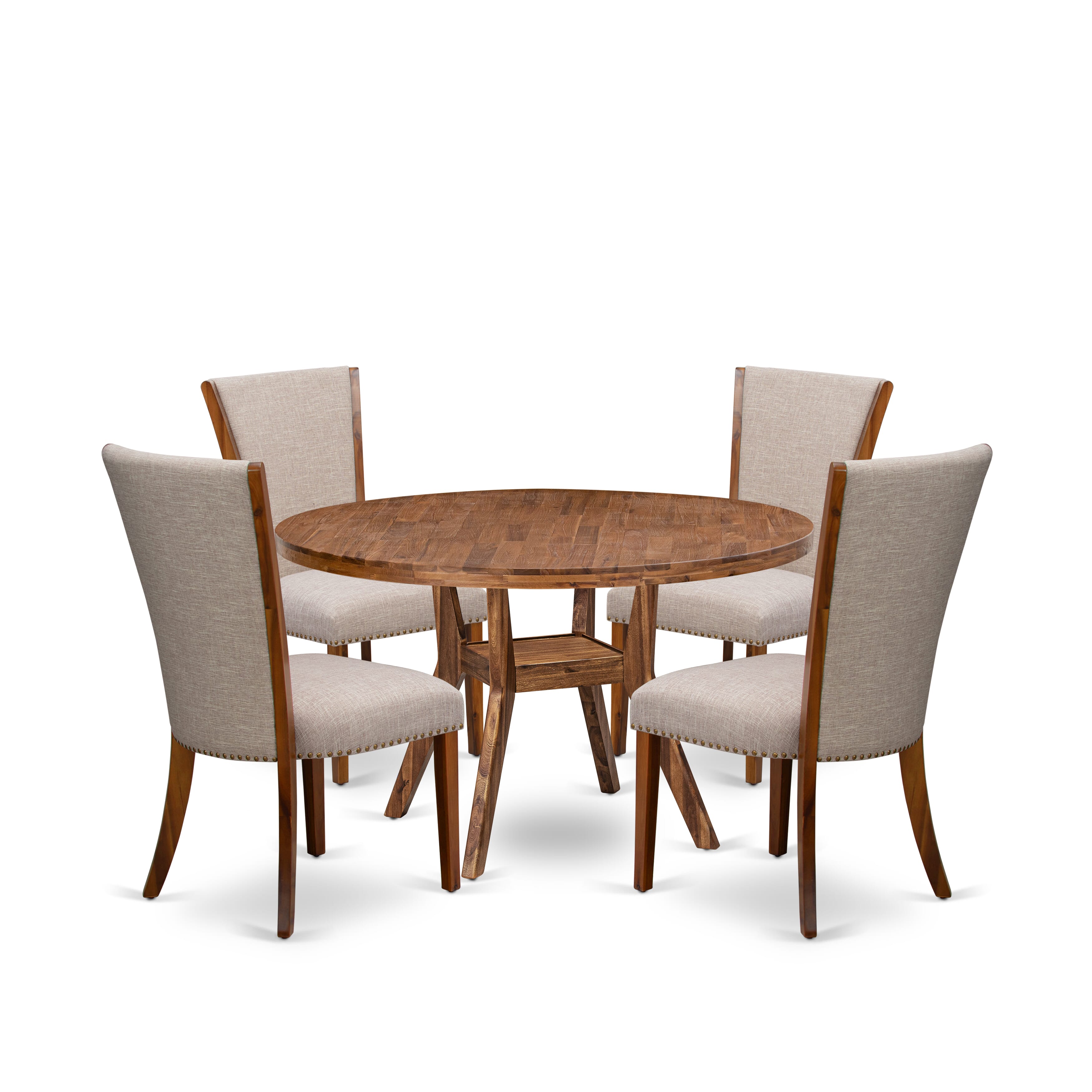 Luxe by East West Furniture I8VE5-50N-04 5 Piece Dining Set for 4 Contains a 54" Round Table with Pedestal and 4 Light Tan Linen Fabric Padded Chairs, Antique Walnut