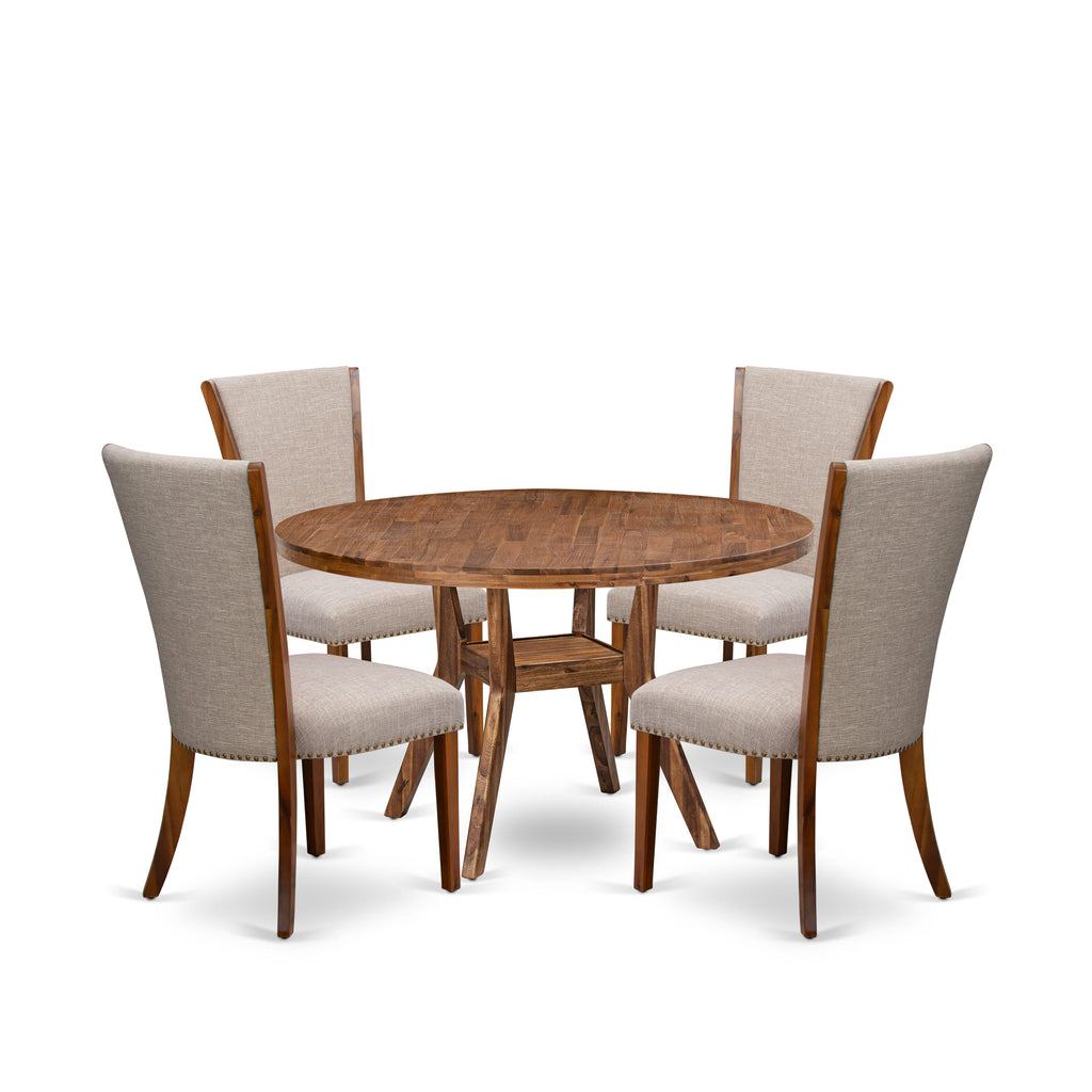 Luxe by East West Furniture I8VE5-50N-04 5 Piece Dining Set for 4 Contains a 54" Round Table with Pedestal and 4 Light Tan Linen Fabric Padded Chairs, Antique Walnut