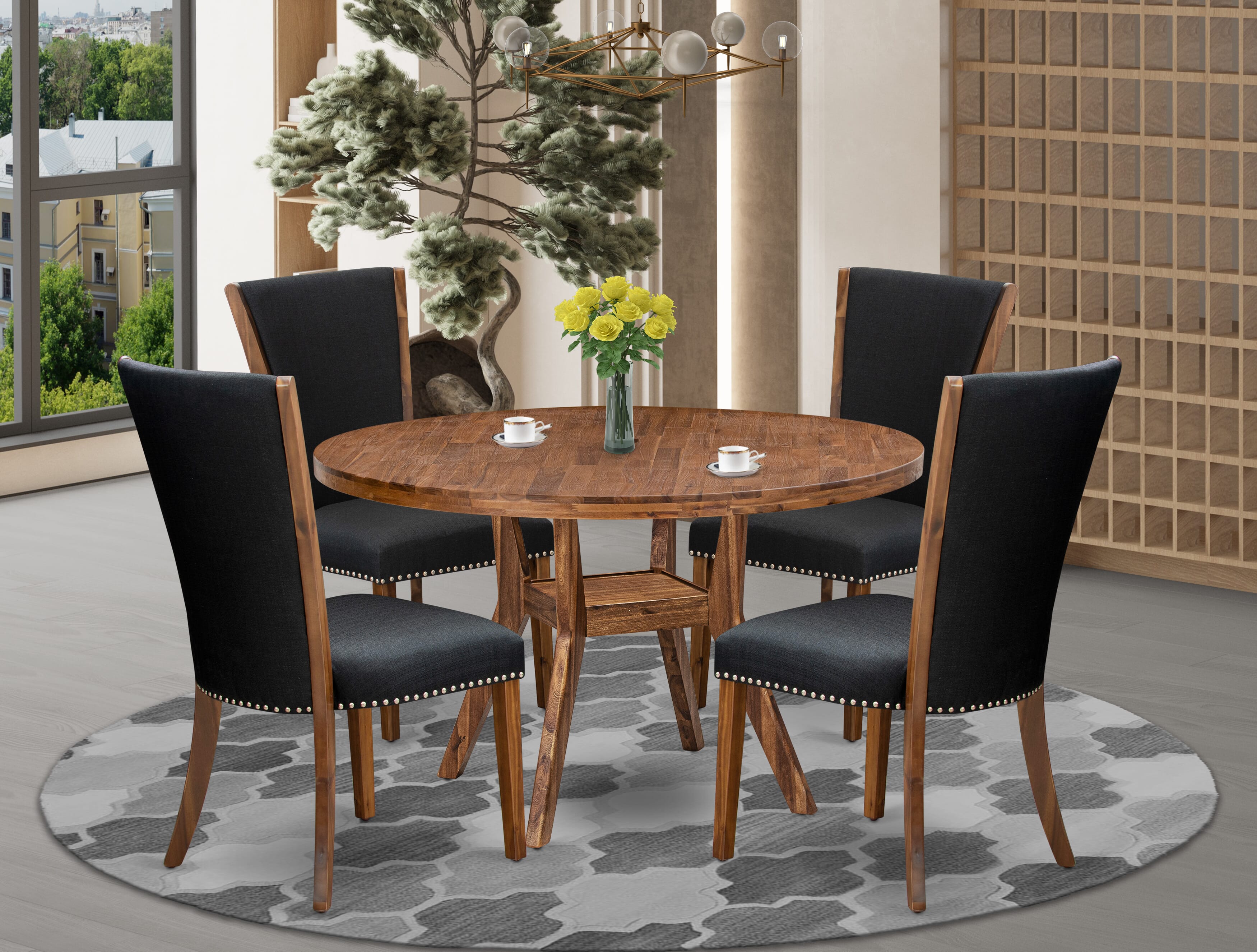 Luxe by East West Furniture I8VE5-50N-24 5 Piece Dining Set for 4 Consists of a 54" Round Table with Pedestal and 4 Black Linen Fabric Parson Chairs, Antique Walnut