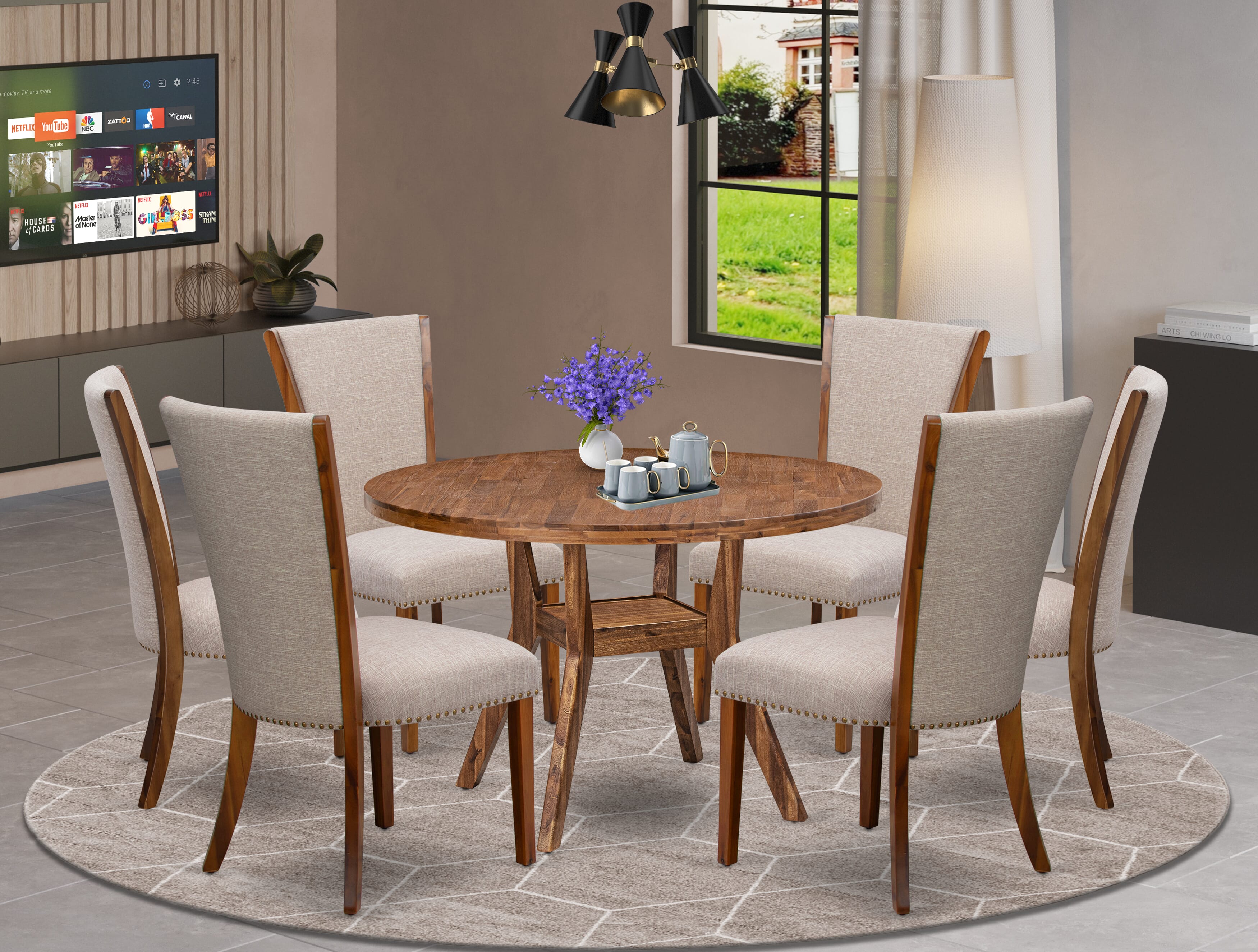 Luxe by East West Furniture I8VE7-40N-04 7 Piece Dining Set Consists of a 48" Round Table with Pedestal and 6 Light Tan Linen Fabric Upholstered Chairs, Antique Walnut