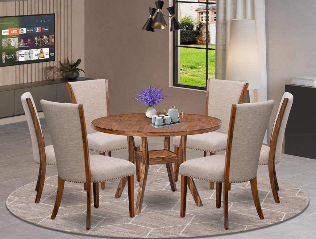 Luxe by East West Furniture I8VE7-40N-04 7 Piece Dining Set Consists of a 48" Round Table with Pedestal and 6 Light Tan Linen Fabric Upholstered Chairs, Antique Walnut