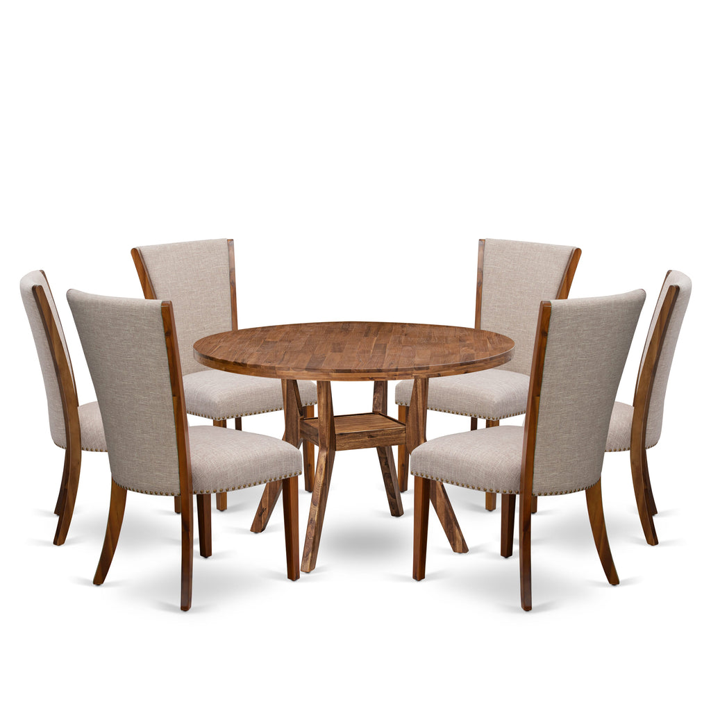Luxe by East West Furniture I8VE7-40N-04 7 Piece Dining Set Consists of a 48" Round Table with Pedestal and 6 Light Tan Linen Fabric Upholstered Chairs, Antique Walnut