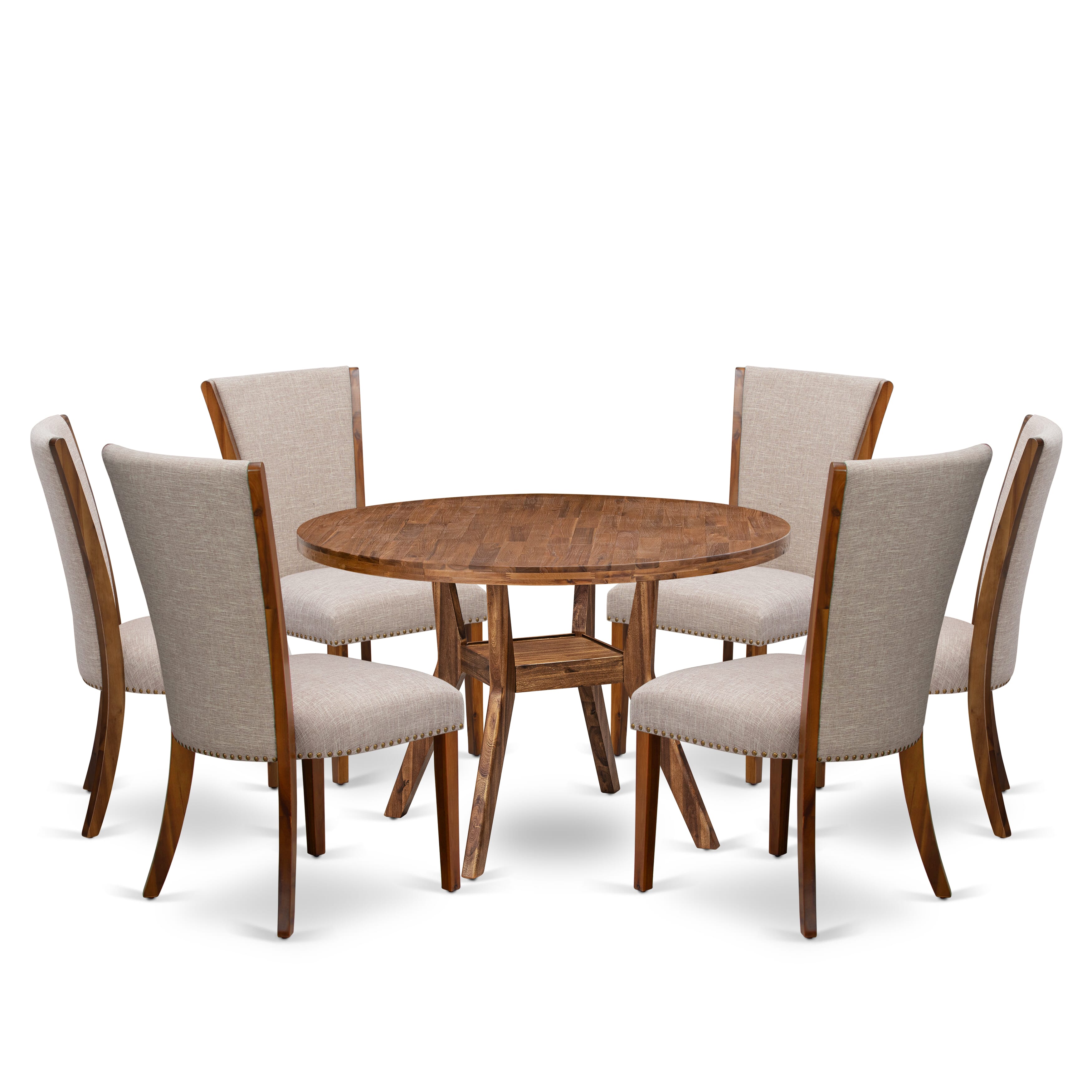Luxe by East West Furniture I8VE7-40N-04 7 Piece Dining Set Consists of a 48" Round Table with Pedestal and 6 Light Tan Linen Fabric Upholstered Chairs, Antique Walnut