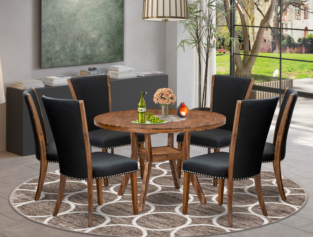 Luxe by East West Furniture I8VE7-40N-24 7 Piece Dining Set Includes a 48" Round Kitchen Table with Pedestal and 6 Black Linen Fabric Upholstered Chairs, Antique Walnut