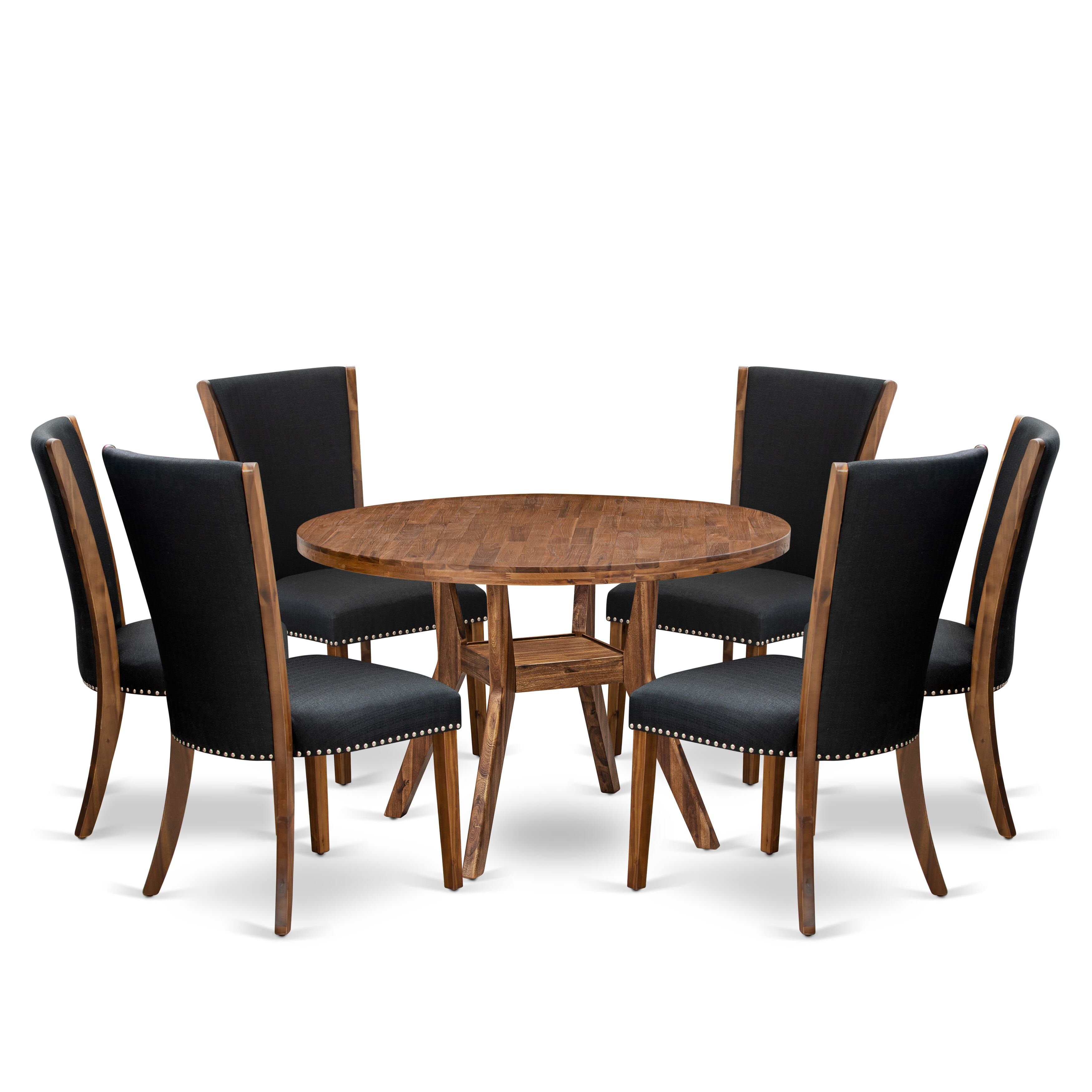 Luxe by East West Furniture I8VE7-40N-24 7 Piece Dining Set Includes a 48" Round Kitchen Table with Pedestal and 6 Black Linen Fabric Upholstered Chairs, Antique Walnut