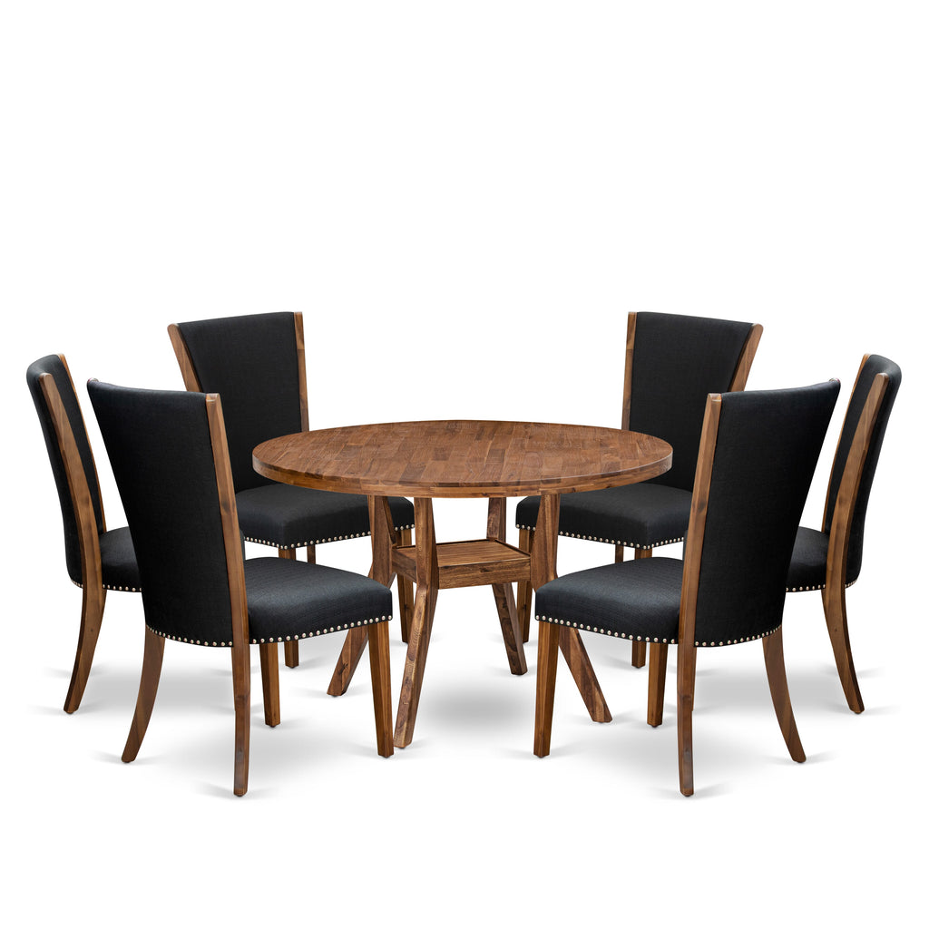 Luxe by East West Furniture I8VE7-40N-24 7 Piece Dining Set Includes a 48" Round Kitchen Table with Pedestal and 6 Black Linen Fabric Upholstered Chairs, Antique Walnut