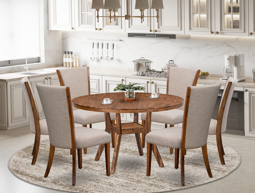 Luxe by East West Furniture I8VE7-50N-04 7 Piece Kitchen Table Set Includes a 54" Round Table with Pedestal and 6 Light Tan Linen Fabric Parson Chairs, Antique Walnut