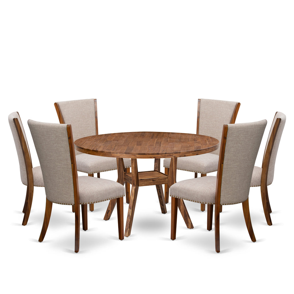 Luxe by East West Furniture I8VE7-50N-04 7 Piece Kitchen Table Set Includes a 54" Round Table with Pedestal and 6 Light Tan Linen Fabric Parson Chairs, Antique Walnut