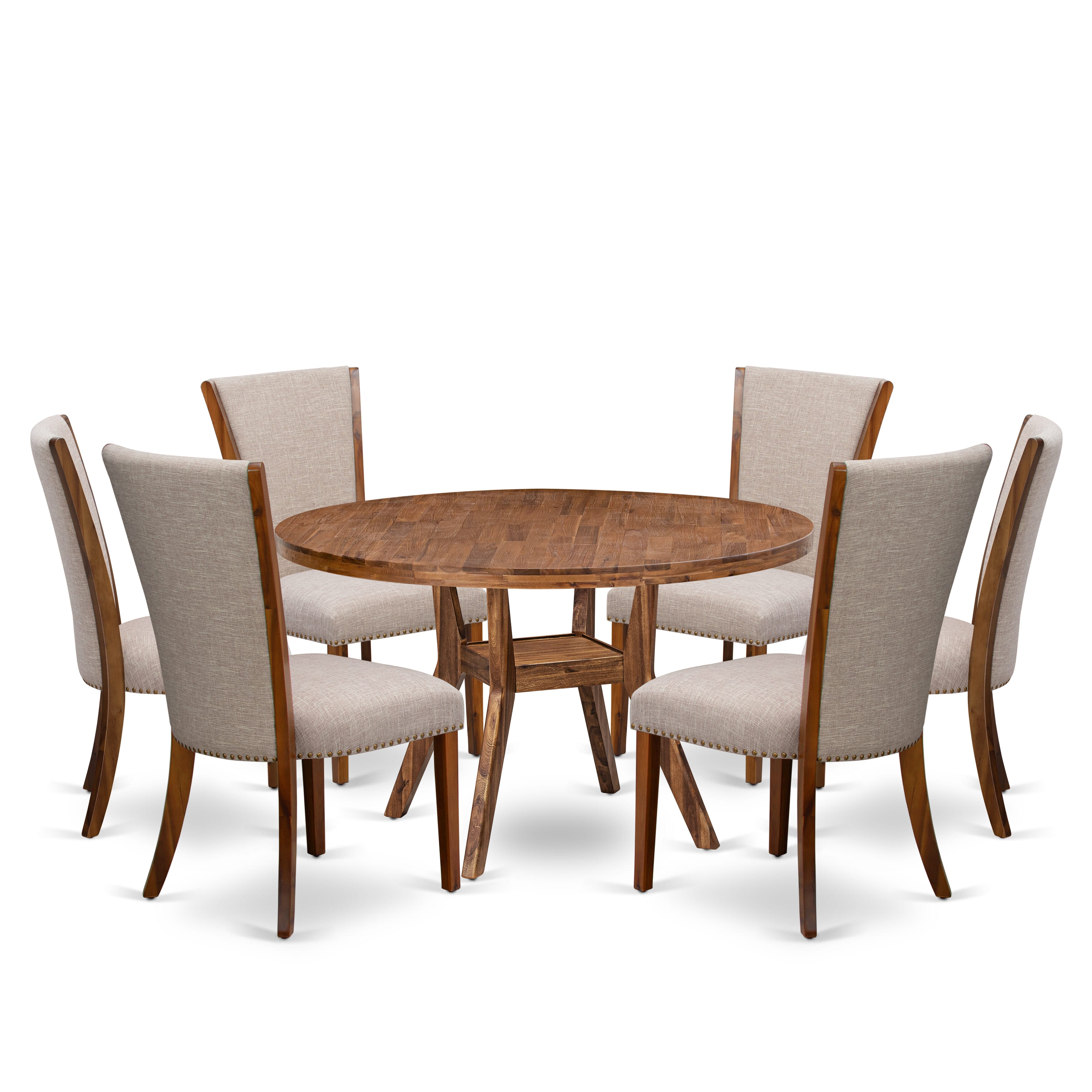 Luxe by East West Furniture I8VE7-50N-04 7 Piece Kitchen Table Set Includes a 54" Round Table with Pedestal and 6 Light Tan Linen Fabric Parson Chairs, Antique Walnut