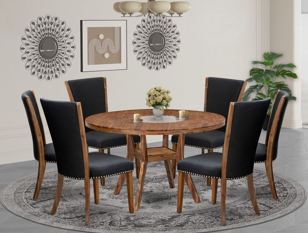 Luxe by East West Furniture I8VE7-50N-24 7 Piece Dining Table Set Contains a 54" Round Kitchen Table with Pedestal and 6 Black Linen Fabric Parson Chairs, Antique Walnut
