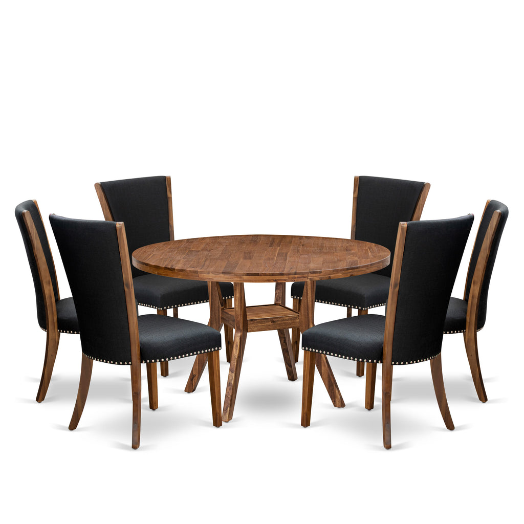Luxe by East West Furniture I8VE7-50N-24 7 Piece Dining Table Set Contains a 54" Round Kitchen Table with Pedestal and 6 Black Linen Fabric Parson Chairs, Antique Walnut