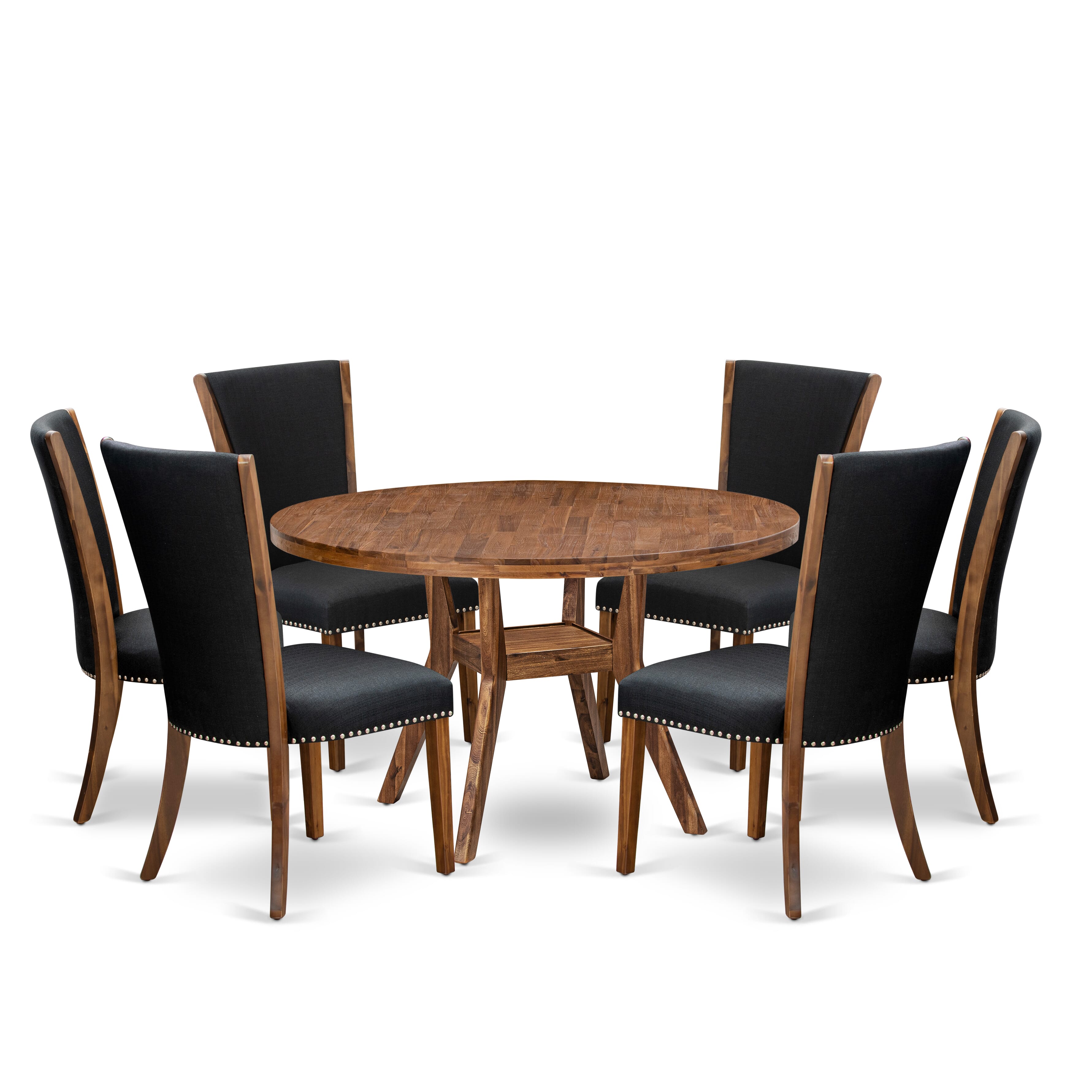 Luxe by East West Furniture I8VE7-50N-24 7 Piece Dining Table Set Contains a 54" Round Kitchen Table with Pedestal and 6 Black Linen Fabric Parson Chairs, Antique Walnut