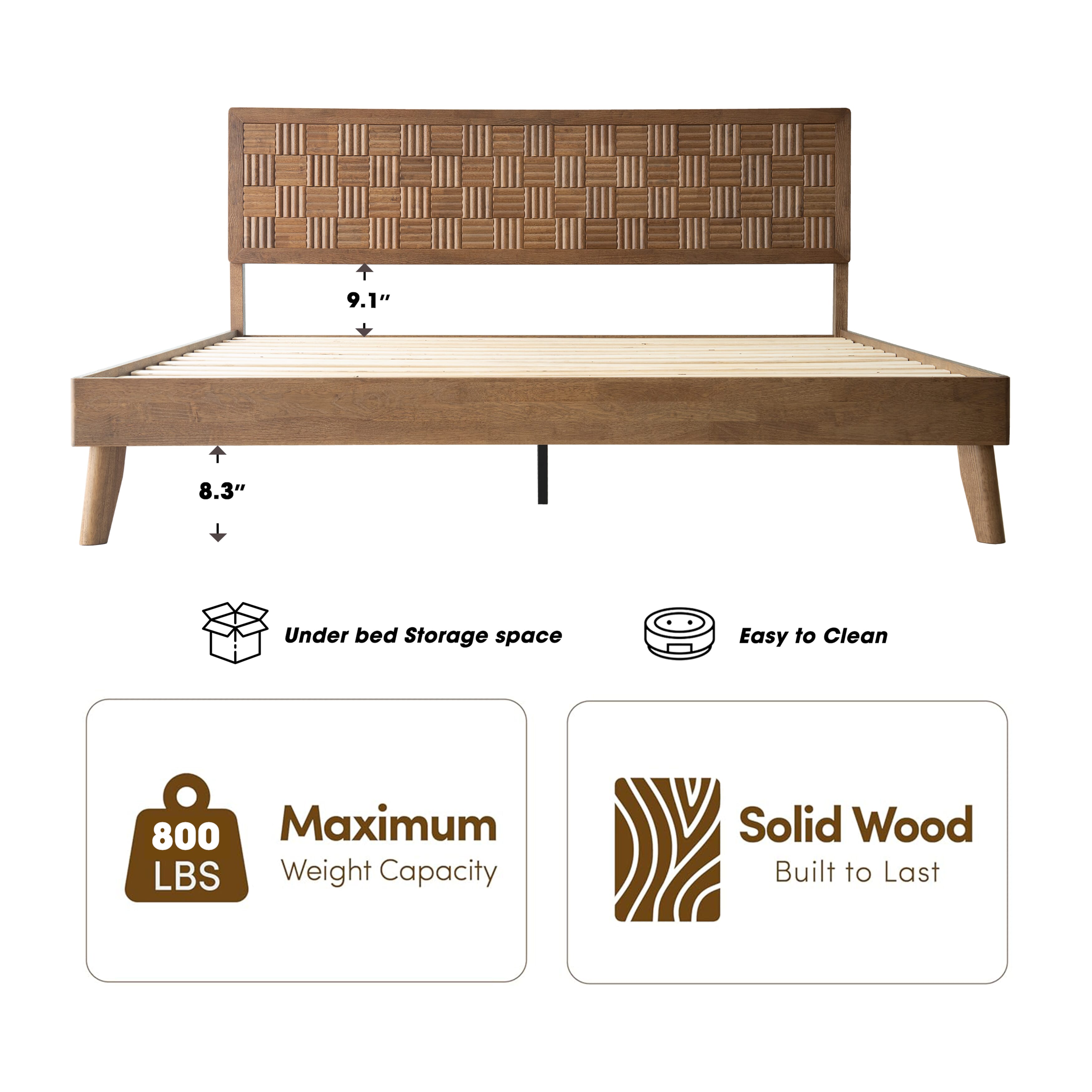 King Size Platform Bed Frame, Solid Wood Headboard & Footboard, 12 Durable Slatted Base, Metal Legs, Anti-Noise & Slip-Free, Easy Assembly, No Box Spring Needed, Barnwood Finish, IDK-30