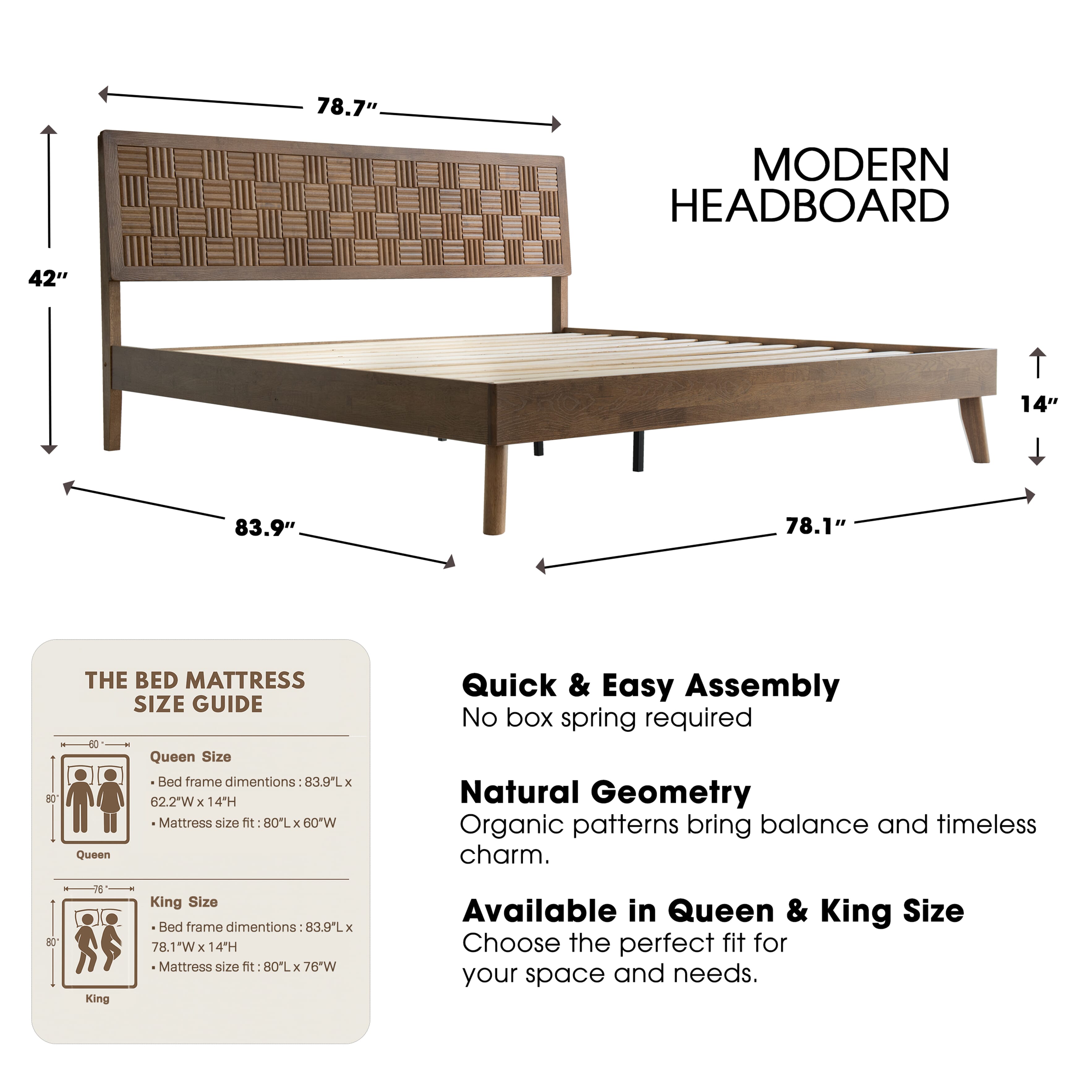 King Size Platform Bed Frame, Solid Wood Headboard & Footboard, 12 Durable Slatted Base, Metal Legs, Anti-Noise & Slip-Free, Easy Assembly, No Box Spring Needed, Barnwood Finish, IDK-30