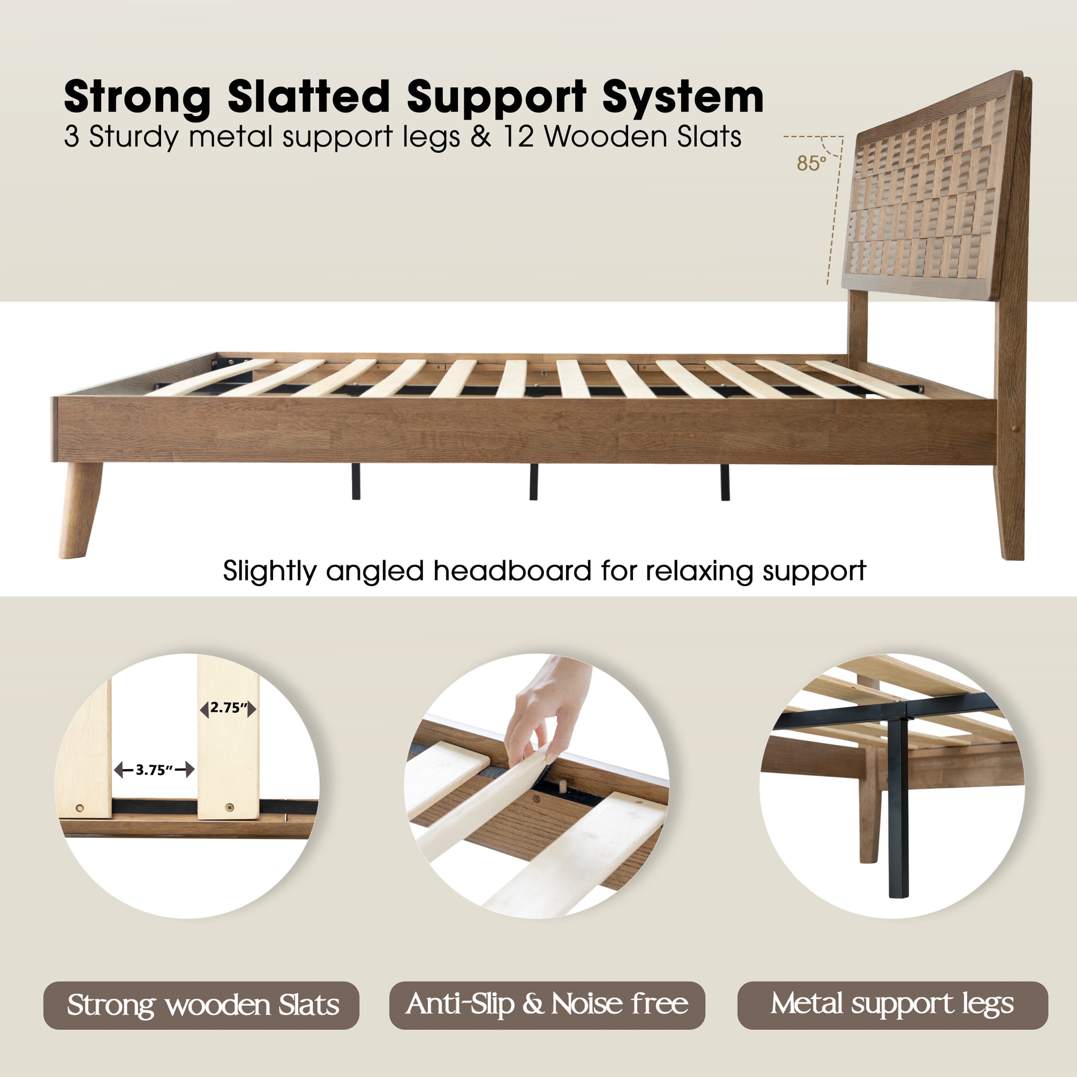 King Size Platform Bed Frame, Solid Wood Headboard & Footboard, 12 Durable Slatted Base, Metal Legs, Anti-Noise & Slip-Free, Easy Assembly, No Box Spring Needed, Barnwood Finish, IDK-30