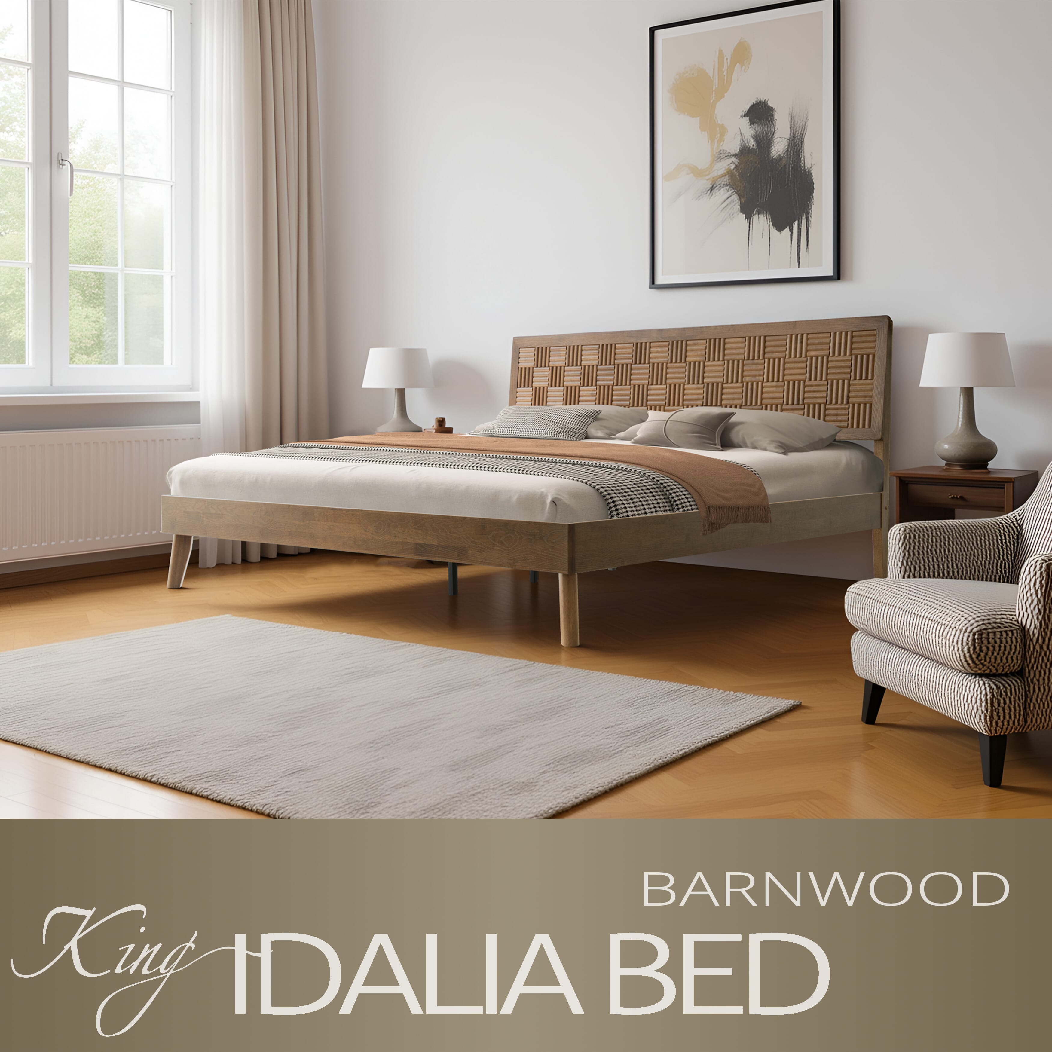 King Size Platform Bed Frame, Solid Wood Headboard & Footboard, 12 Durable Slatted Base, Metal Legs, Anti-Noise & Slip-Free, Easy Assembly, No Box Spring Needed, Barnwood Finish, IDK-30