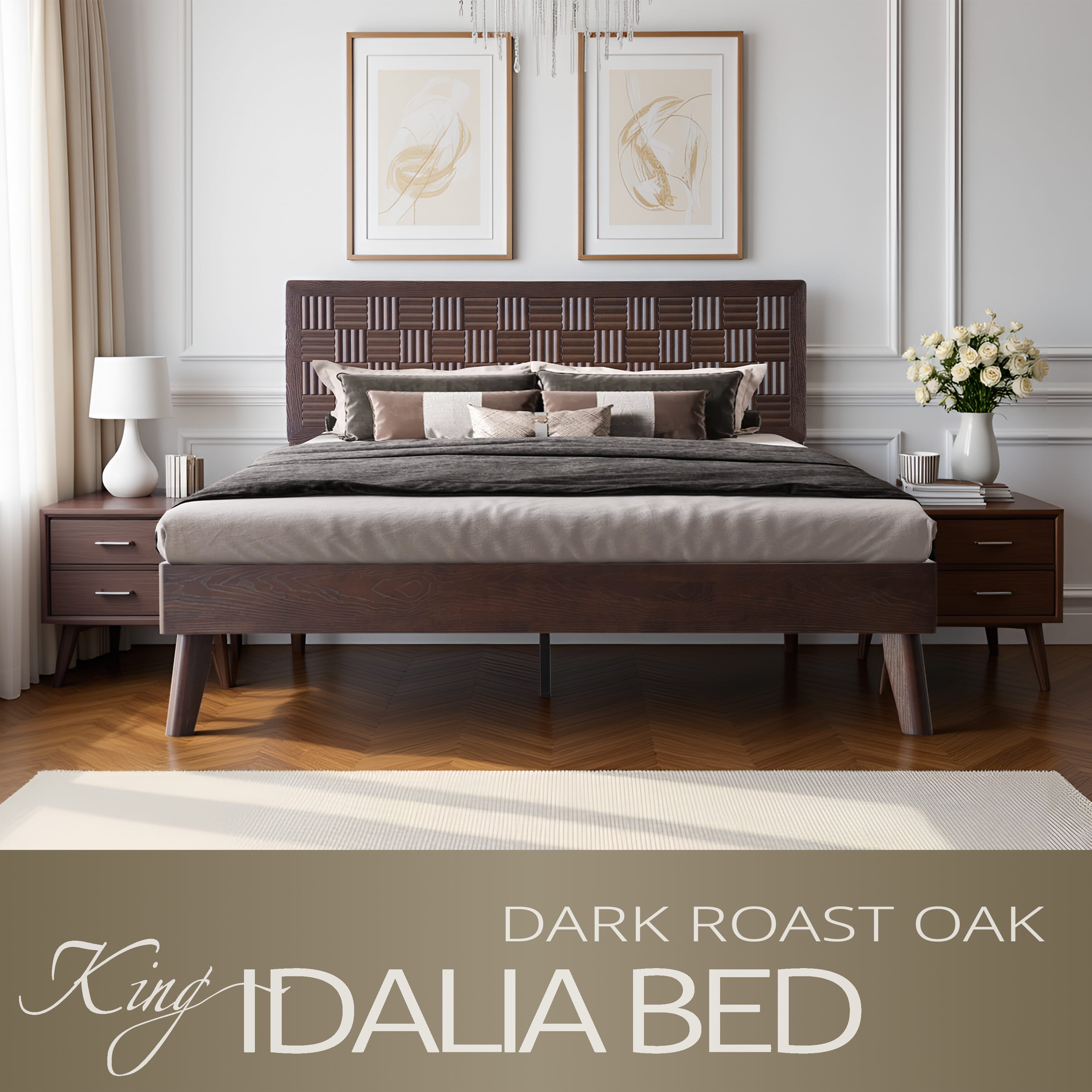 King Size Solid Wood Platform Bed Frame with Headboard & Footboard, 12 Strong Slats base, Metal Legs, Noise-Free & Anti-Slip Build, No Box Spring Needed, Easy Assembly, Dark Roast Oak Finish, IDK-32