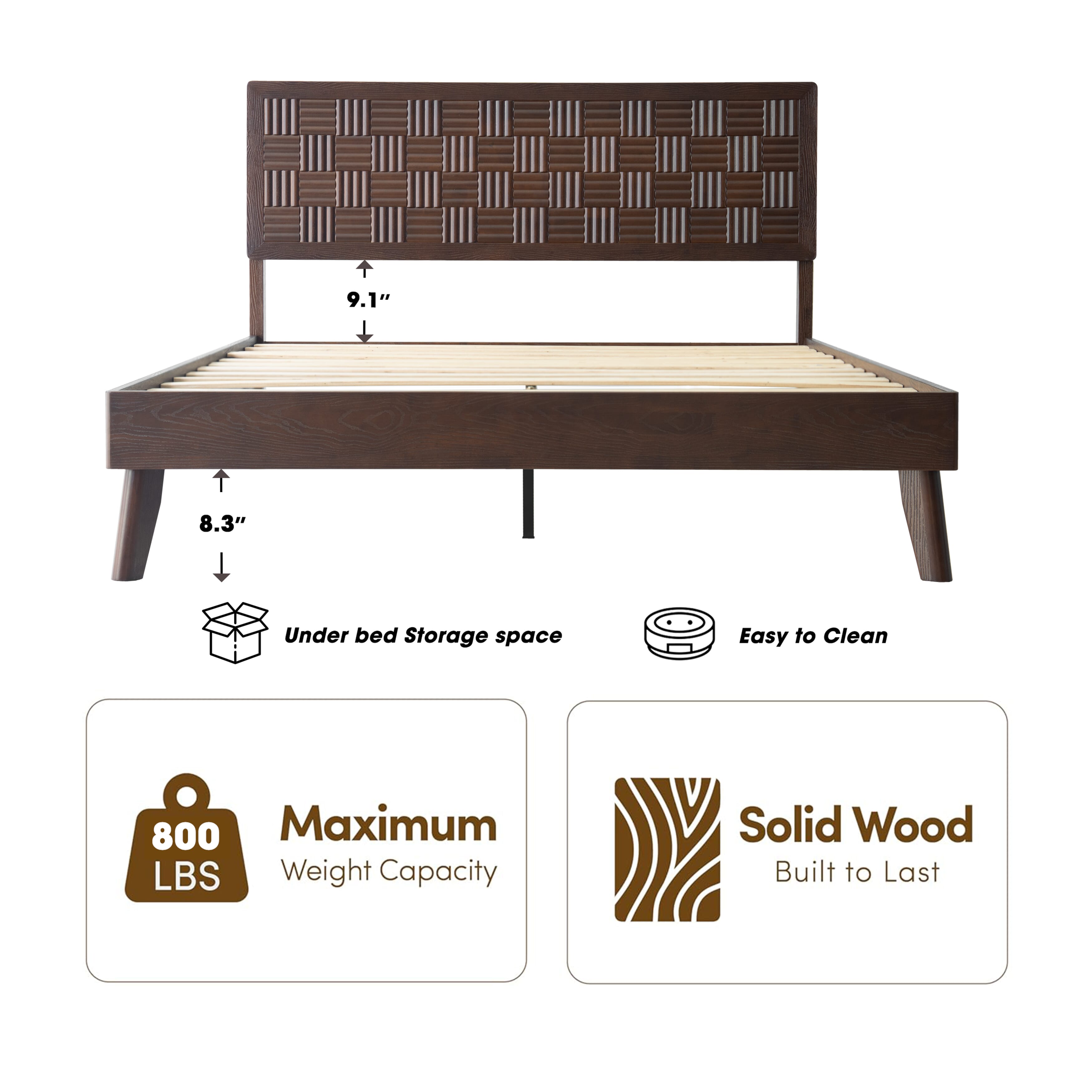 King Size Solid Wood Platform Bed Frame with Headboard & Footboard, 12 Strong Slats base, Metal Legs, Noise-Free & Anti-Slip Build, No Box Spring Needed, Easy Assembly, Dark Roast Oak Finish, IDK-32