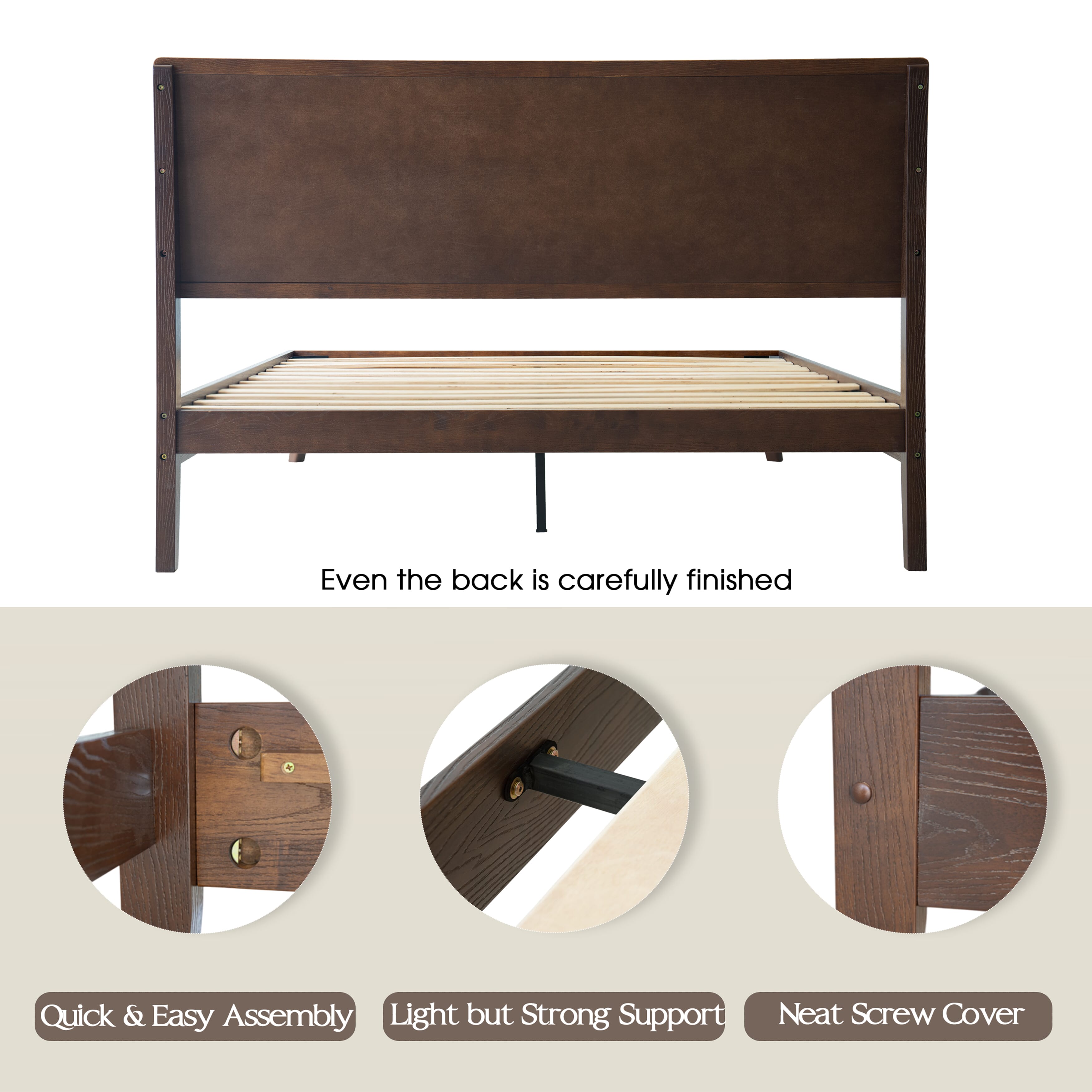 King Size Solid Wood Platform Bed Frame with Headboard & Footboard, 12 Strong Slats base, Metal Legs, Noise-Free & Anti-Slip Build, No Box Spring Needed, Easy Assembly, Dark Roast Oak Finish, IDK-32