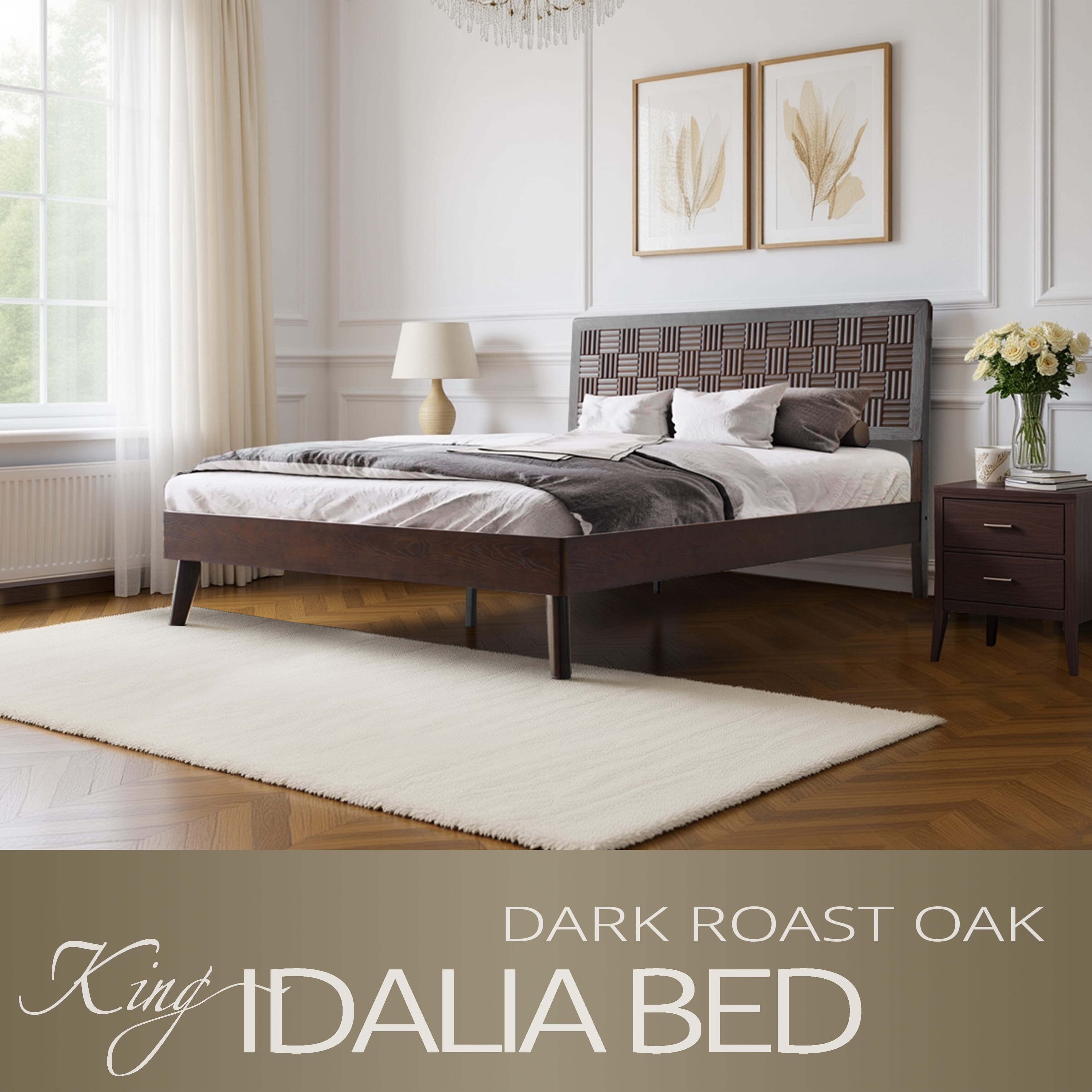 King Size Solid Wood Platform Bed Frame with Headboard & Footboard, 12 Strong Slats base, Metal Legs, Noise-Free & Anti-Slip Build, No Box Spring Needed, Easy Assembly, Dark Roast Oak Finish, IDK-32