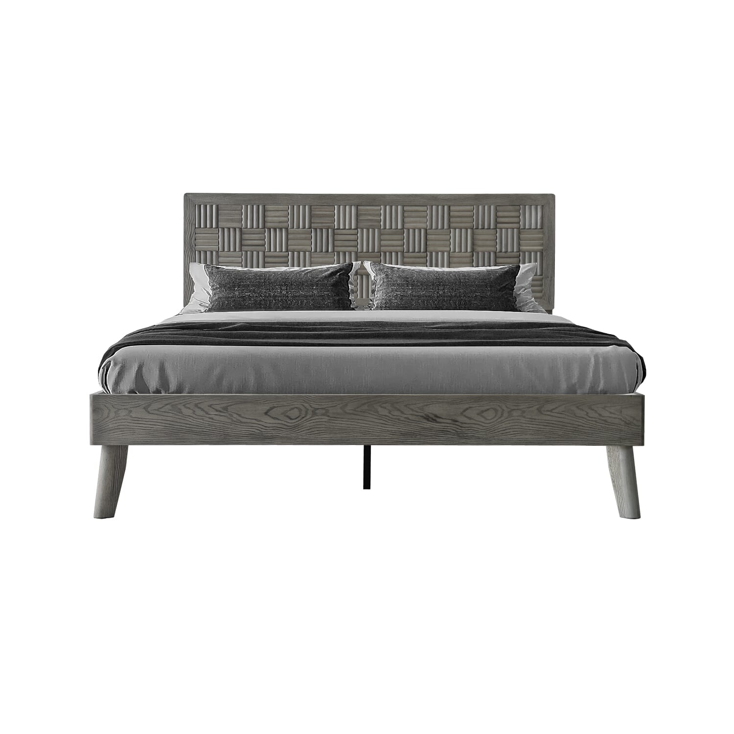 King Size Platform Bed Frame, Solid Wood Headboard & Footboard, 12 Slatted Base, Center Metal Legs, Slip-Free & Noise-Free, No Box Spring Needed, Easy Assembly, Weathered Gray Oak Finish, IDK-34