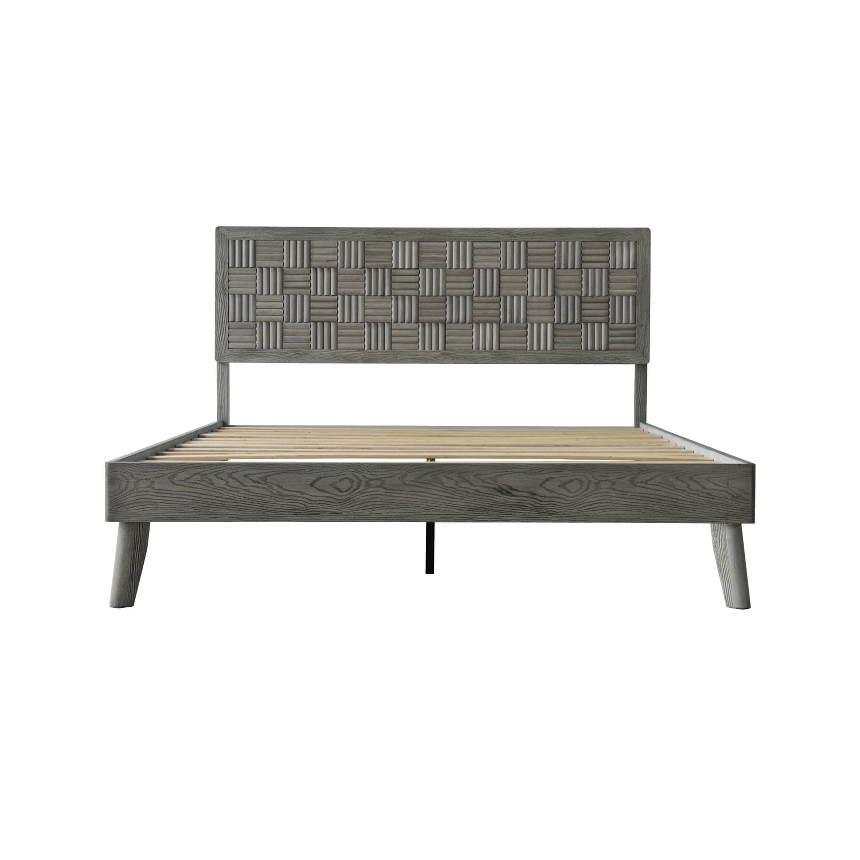 King Size Platform Bed Frame, Solid Wood Headboard & Footboard, 12 Slatted Base, Center Metal Legs, Slip-Free & Noise-Free, No Box Spring Needed, Easy Assembly, Weathered Gray Oak Finish, IDK-34