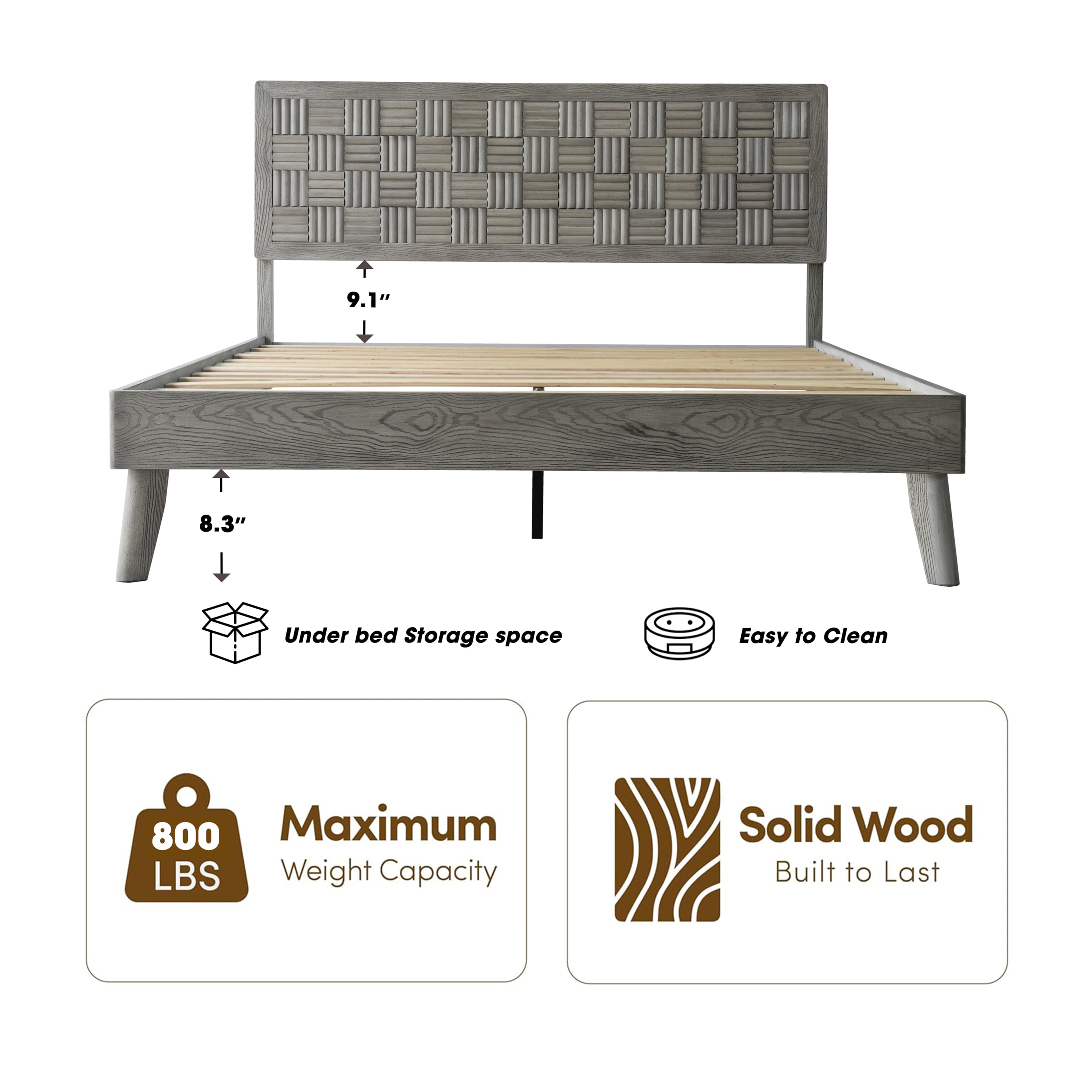 King Size Platform Bed Frame, Solid Wood Headboard & Footboard, 12 Slatted Base, Center Metal Legs, Slip-Free & Noise-Free, No Box Spring Needed, Easy Assembly, Weathered Gray Oak Finish, IDK-34