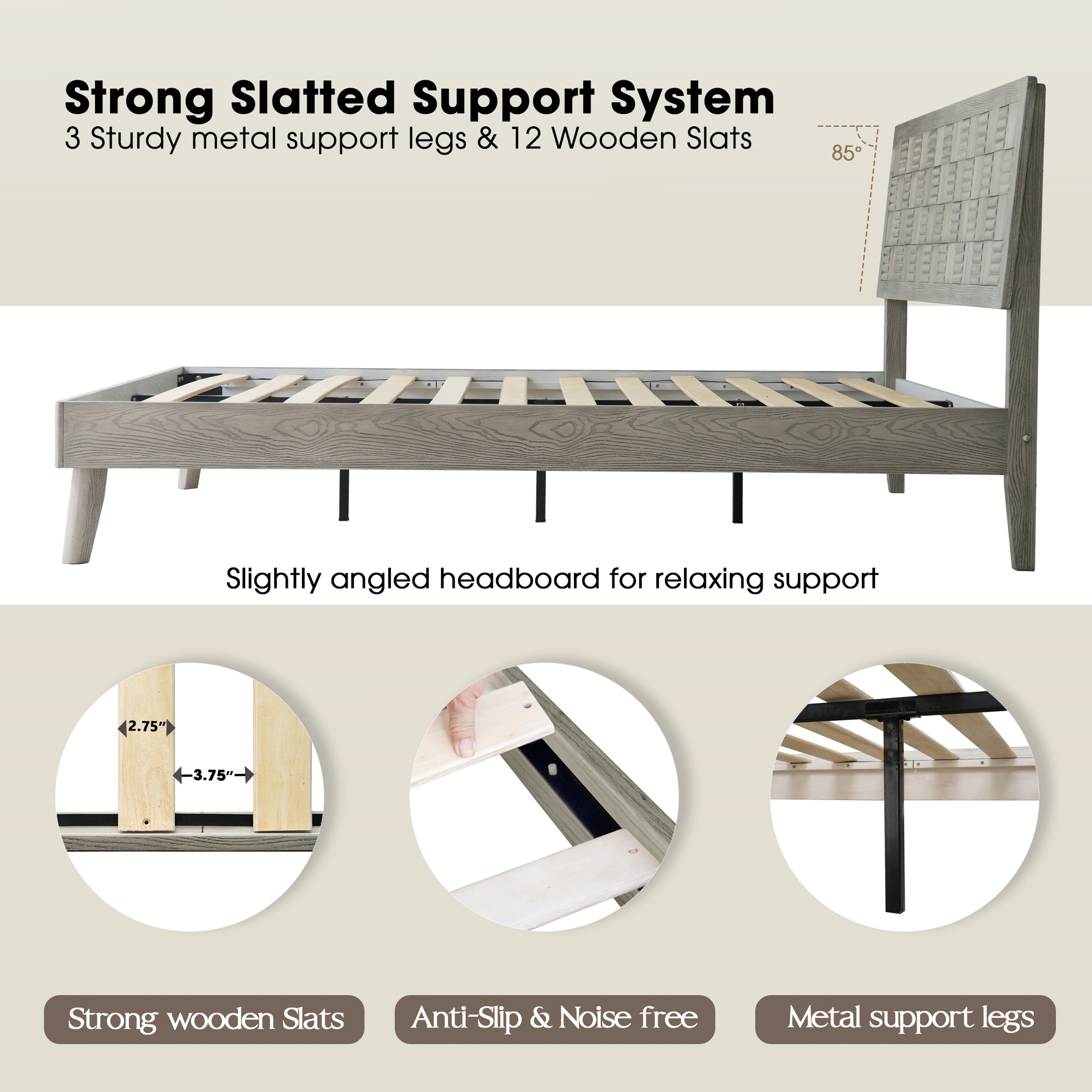 King Size Platform Bed Frame, Solid Wood Headboard & Footboard, 12 Slatted Base, Center Metal Legs, Slip-Free & Noise-Free, No Box Spring Needed, Easy Assembly, Weathered Gray Oak Finish, IDK-34