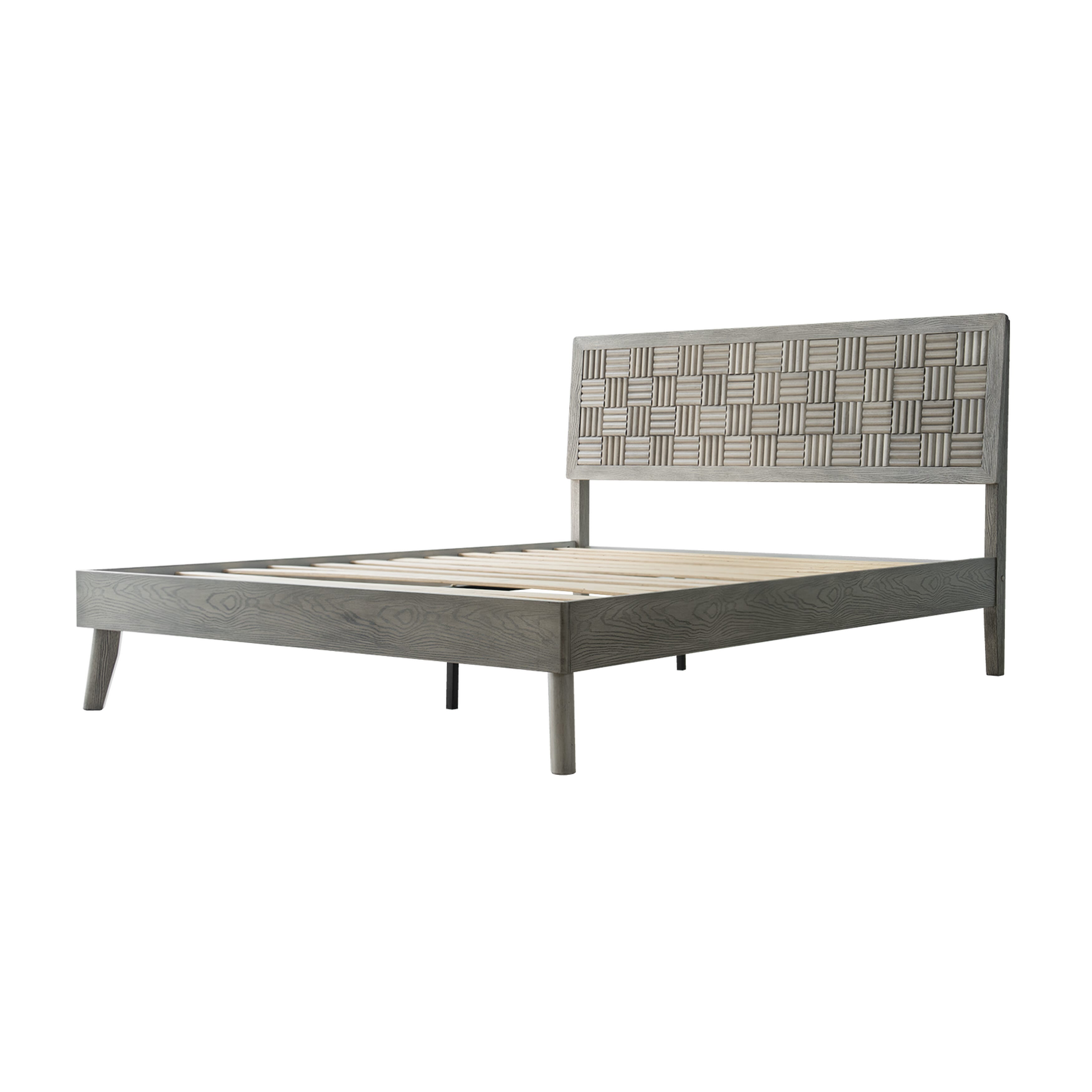 King Size Platform Bed Frame, Solid Wood Headboard & Footboard, 12 Slatted Base, Center Metal Legs, Slip-Free & Noise-Free, No Box Spring Needed, Easy Assembly, Weathered Gray Oak Finish, IDK-34