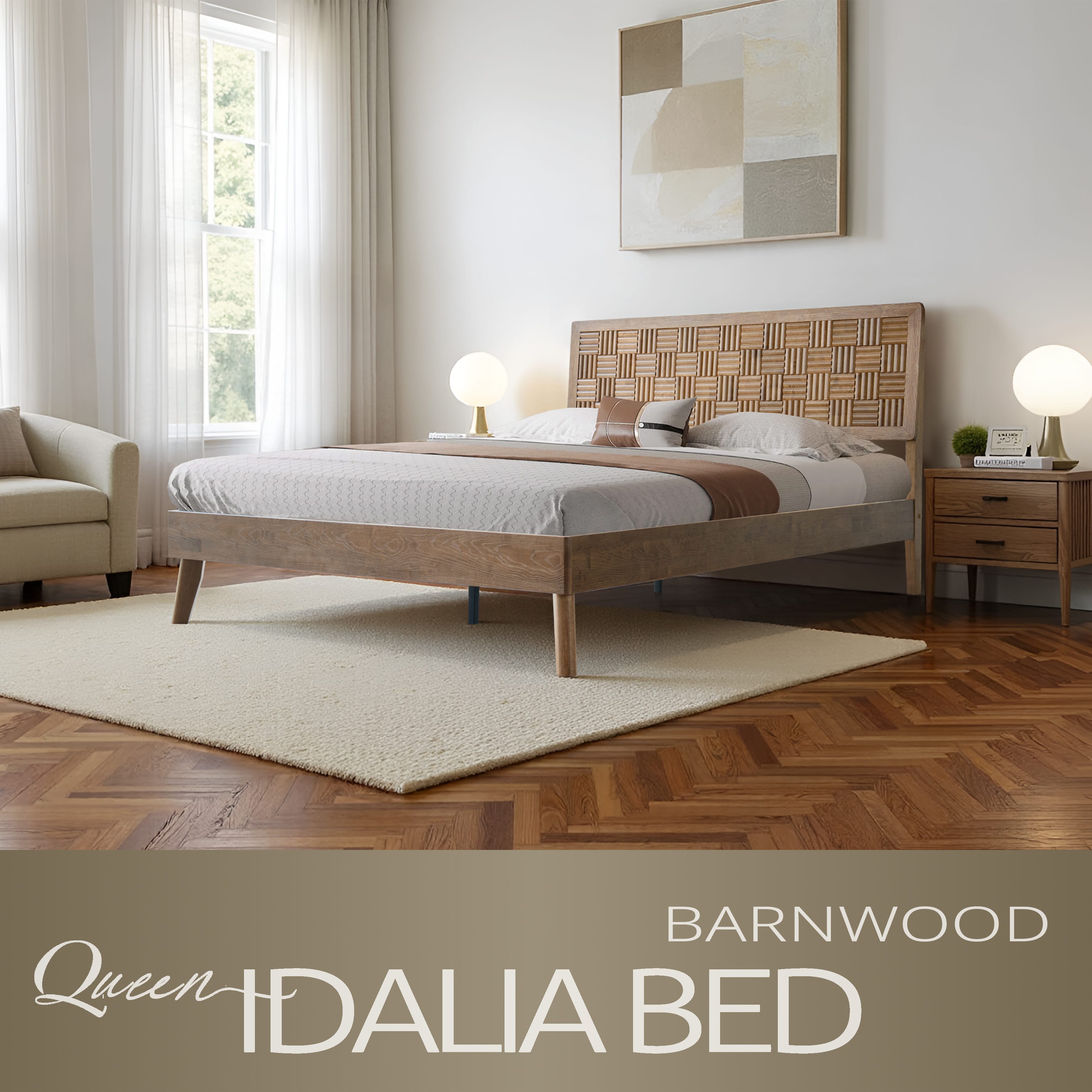 Queen Size Bed Frame, Headboard & Footboard, Solid Wood Platform Bed, Center Metal Legs with 12 Heavy-Duty Slatted Base, Easy Assemble, Noise & Slip-Free, No Box Spring Needed, Barnwood Finish, IDQ-30