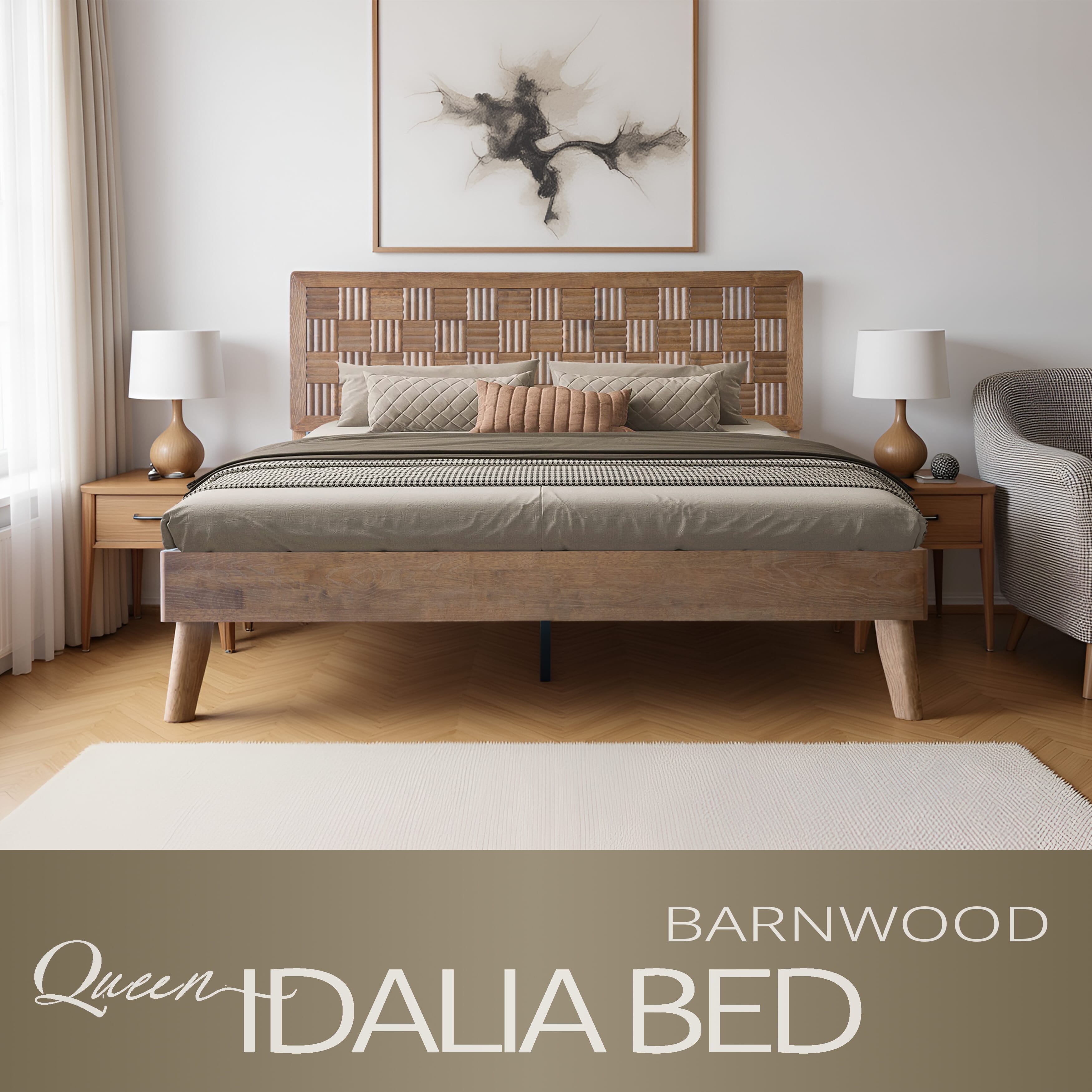 Queen Size Bed Frame, Headboard & Footboard, Solid Wood Platform Bed, Center Metal Legs with 12 Heavy-Duty Slatted Base, Easy Assemble, Noise & Slip-Free, No Box Spring Needed, Barnwood Finish, IDQ-30