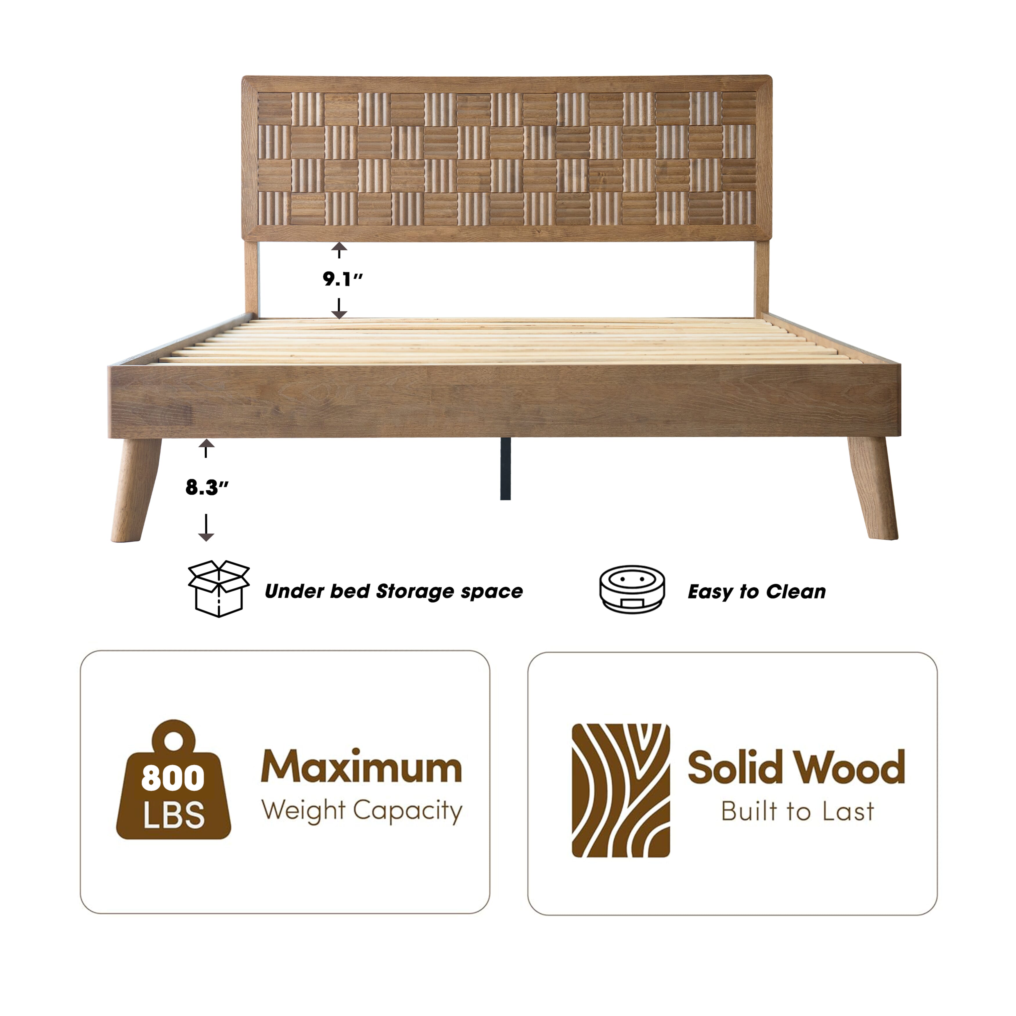 Queen Size Bed Frame, Headboard & Footboard, Solid Wood Platform Bed, Center Metal Legs with 12 Heavy-Duty Slatted Base, Easy Assemble, Noise & Slip-Free, No Box Spring Needed, Barnwood Finish, IDQ-30