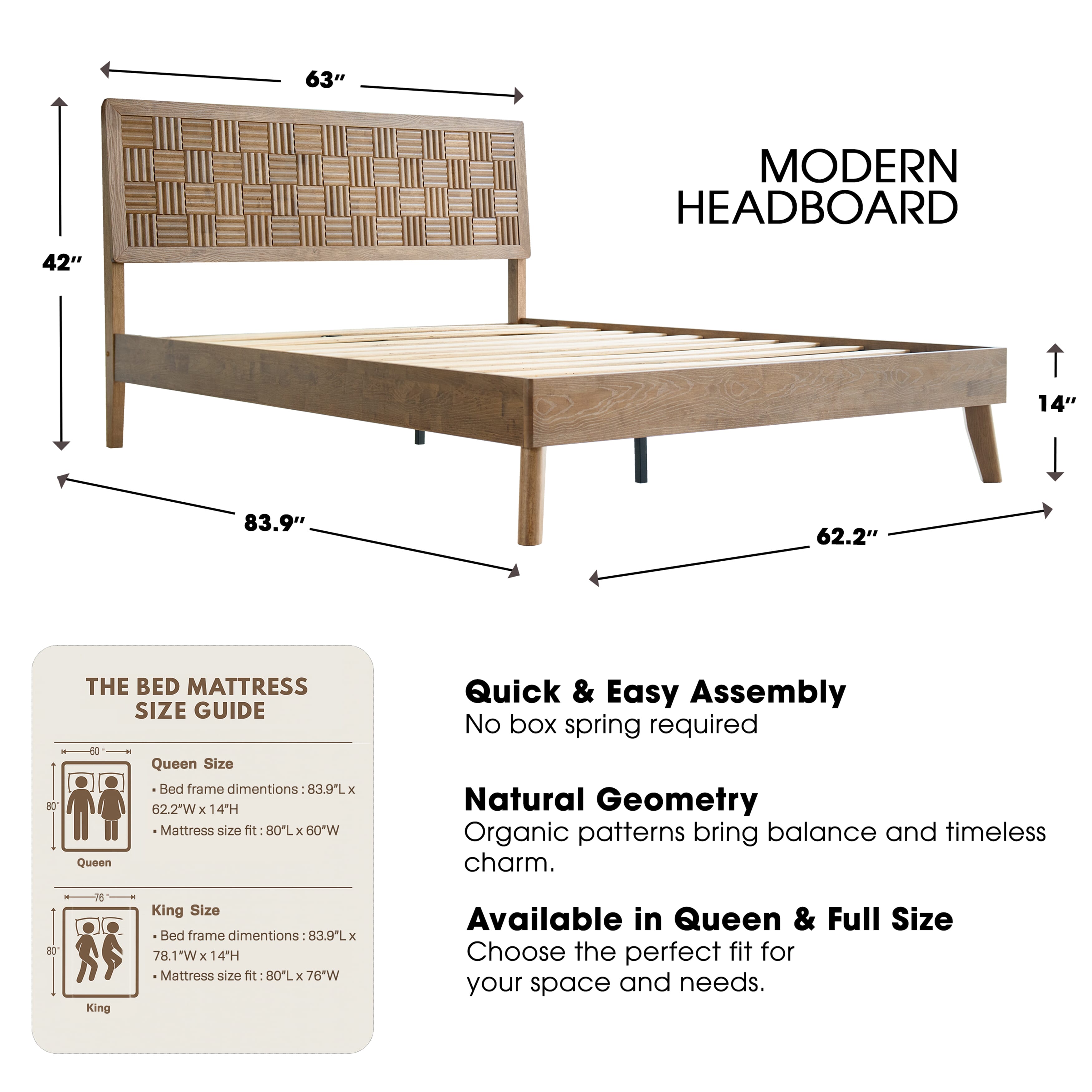 Queen Size Bed Frame, Headboard & Footboard, Solid Wood Platform Bed, Center Metal Legs with 12 Heavy-Duty Slatted Base, Easy Assemble, Noise & Slip-Free, No Box Spring Needed, Barnwood Finish, IDQ-30