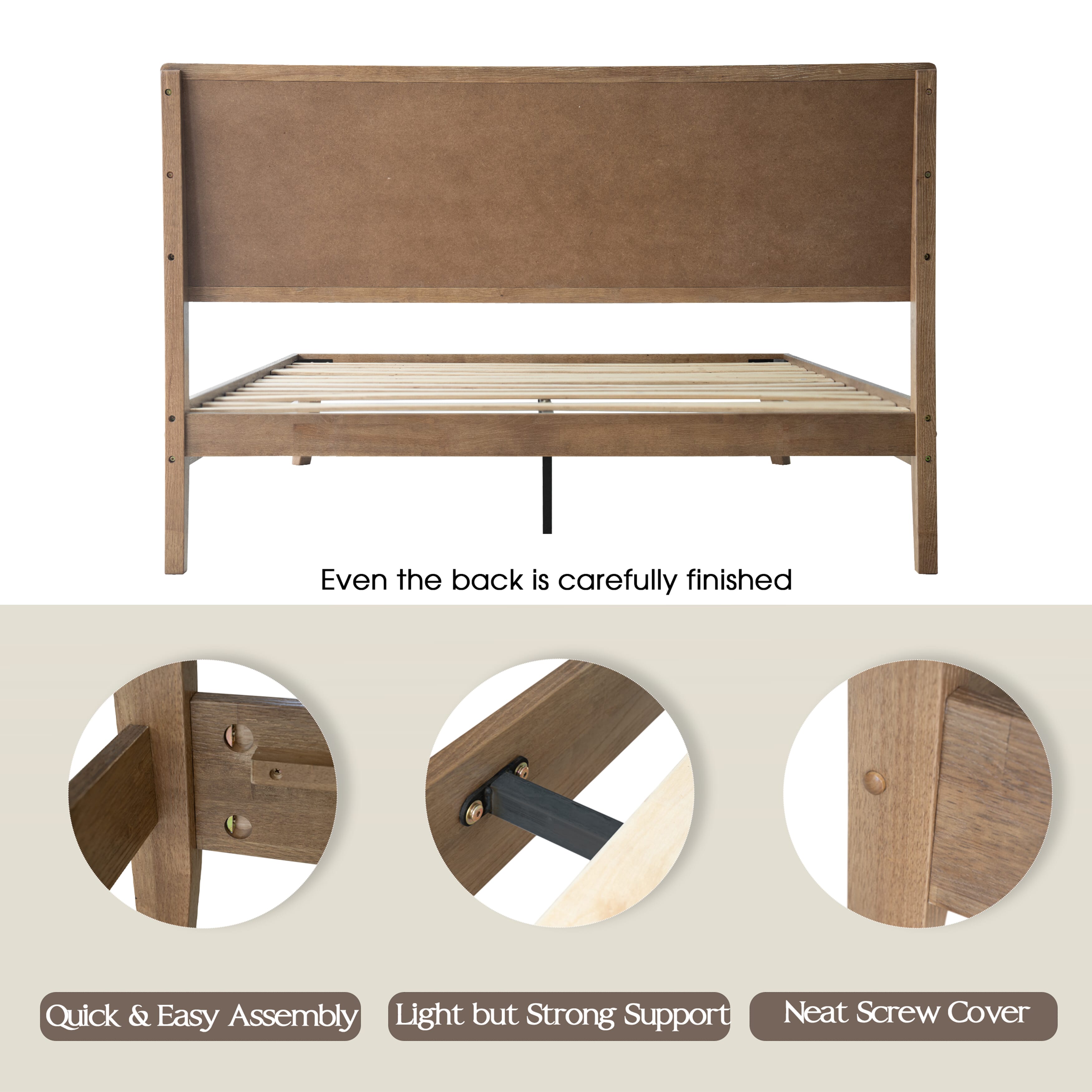 Queen Size Bed Frame, Headboard & Footboard, Solid Wood Platform Bed, Center Metal Legs with 12 Heavy-Duty Slatted Base, Easy Assemble, Noise & Slip-Free, No Box Spring Needed, Barnwood Finish, IDQ-30