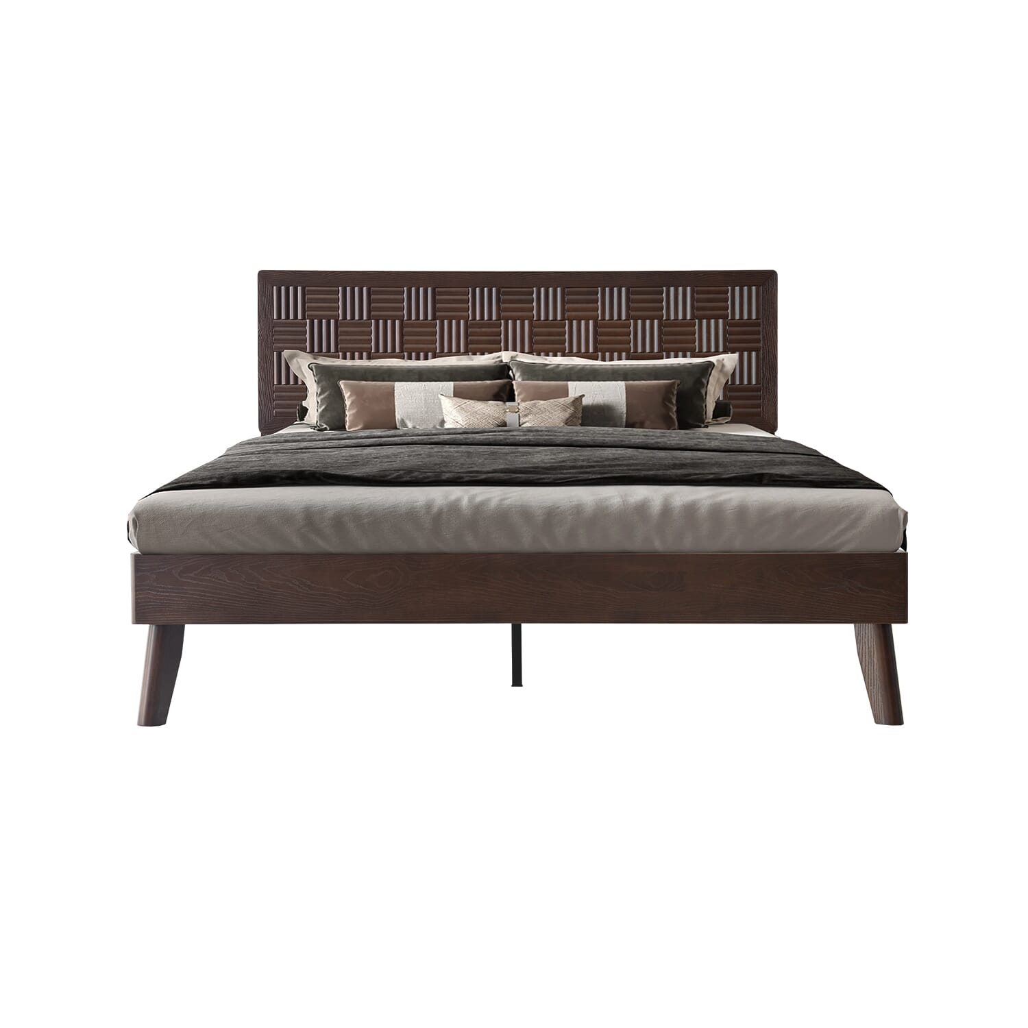 Queen Size Platform Bed Frame with Headboard & Footboard, Central Metal Legs, 12 Slatted Base, No Box Spring Needed, Anti-Slip & Noise-Free, Easy Assembly, Dark Roast Oak Finish, IDQ-32