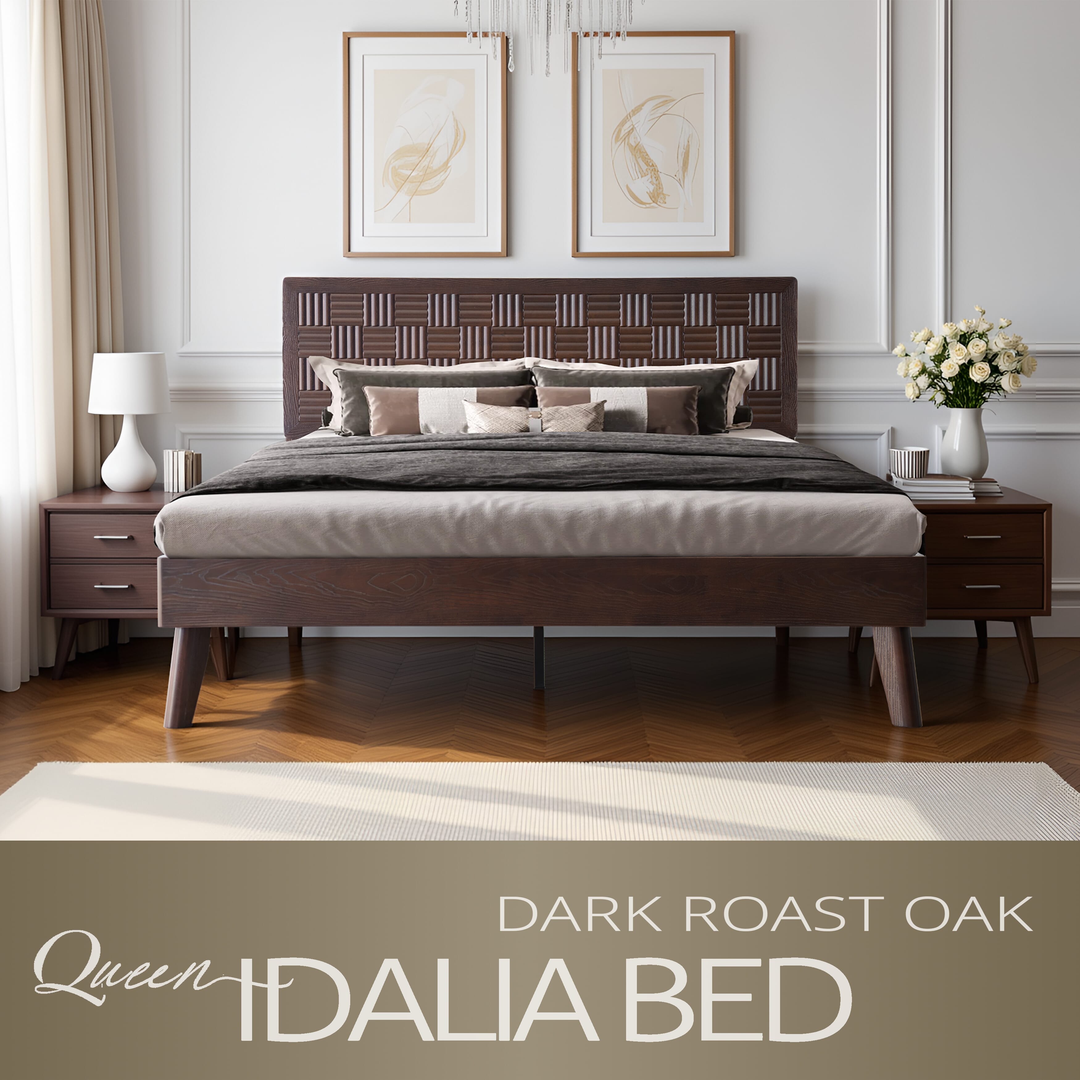 Queen Size Platform Bed Frame with Headboard & Footboard, Central Metal Legs, 12 Slatted Base, No Box Spring Needed, Anti-Slip & Noise-Free, Easy Assembly, Dark Roast Oak Finish, IDQ-32