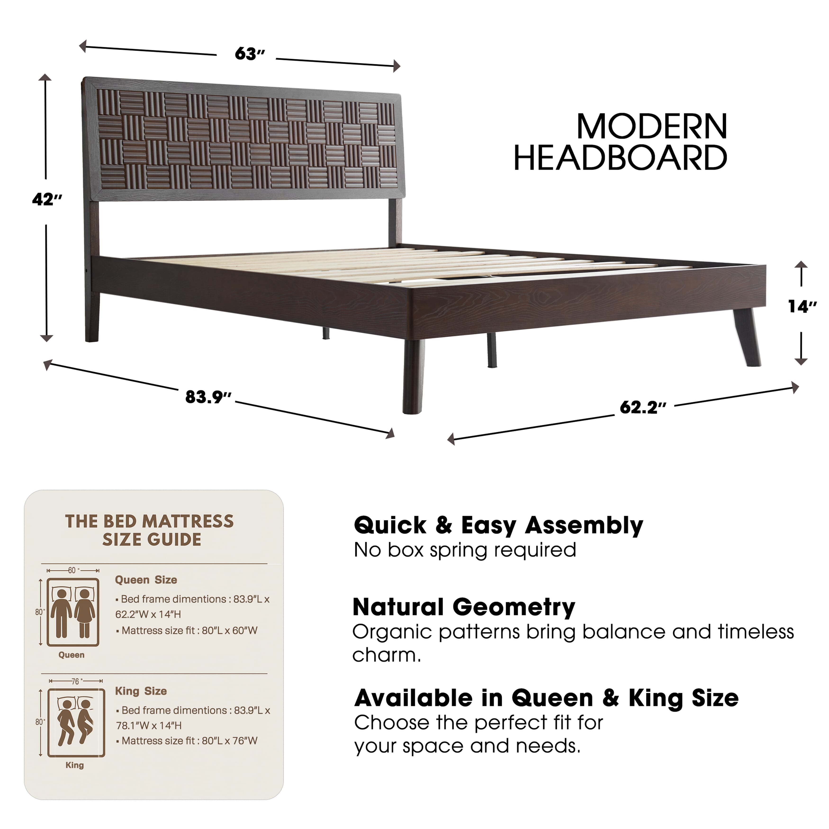 Queen Size Platform Bed Frame with Headboard & Footboard, Central Metal Legs, 12 Slatted Base, No Box Spring Needed, Anti-Slip & Noise-Free, Easy Assembly, Dark Roast Oak Finish, IDQ-32
