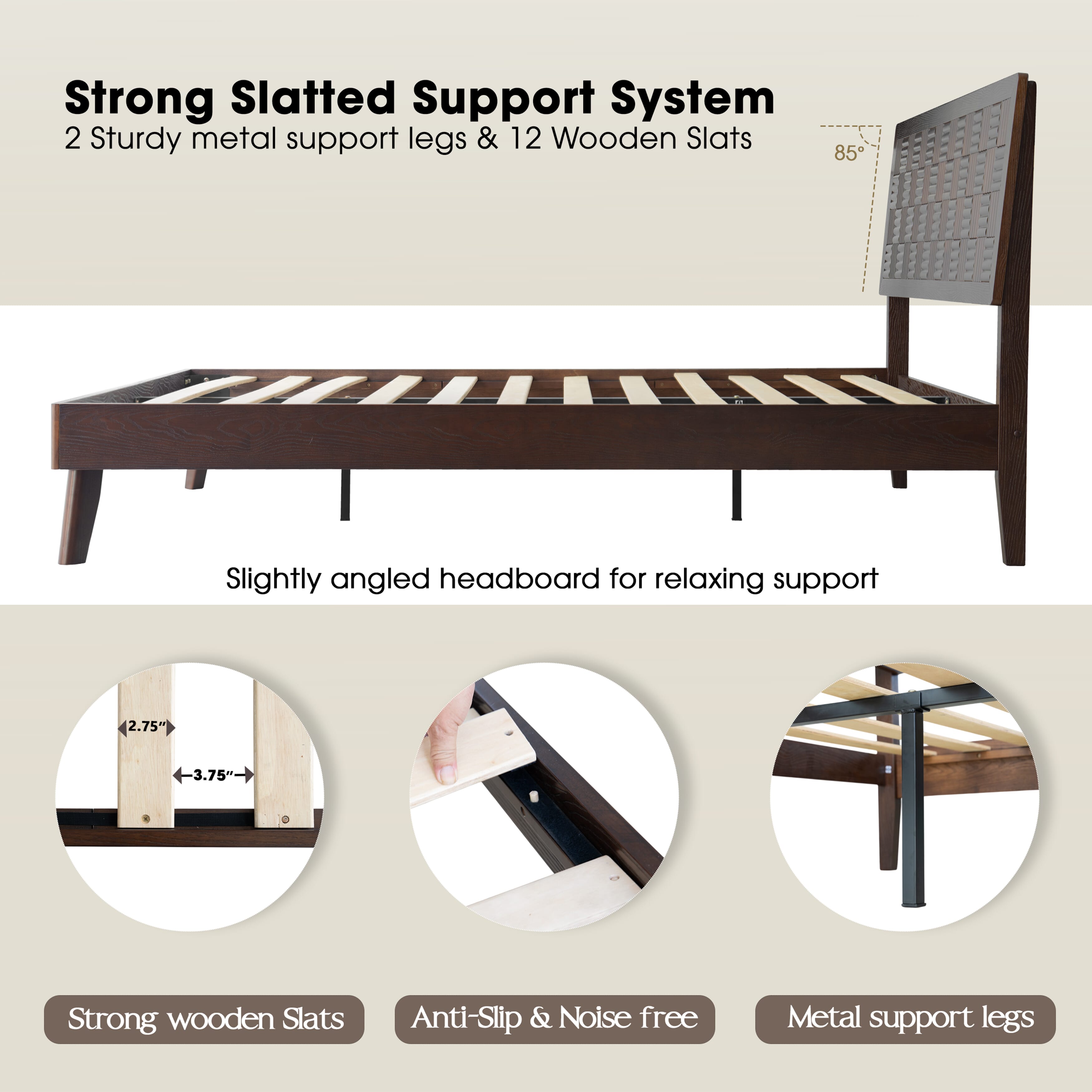 Queen Size Platform Bed Frame with Headboard & Footboard, Central Metal Legs, 12 Slatted Base, No Box Spring Needed, Anti-Slip & Noise-Free, Easy Assembly, Dark Roast Oak Finish, IDQ-32