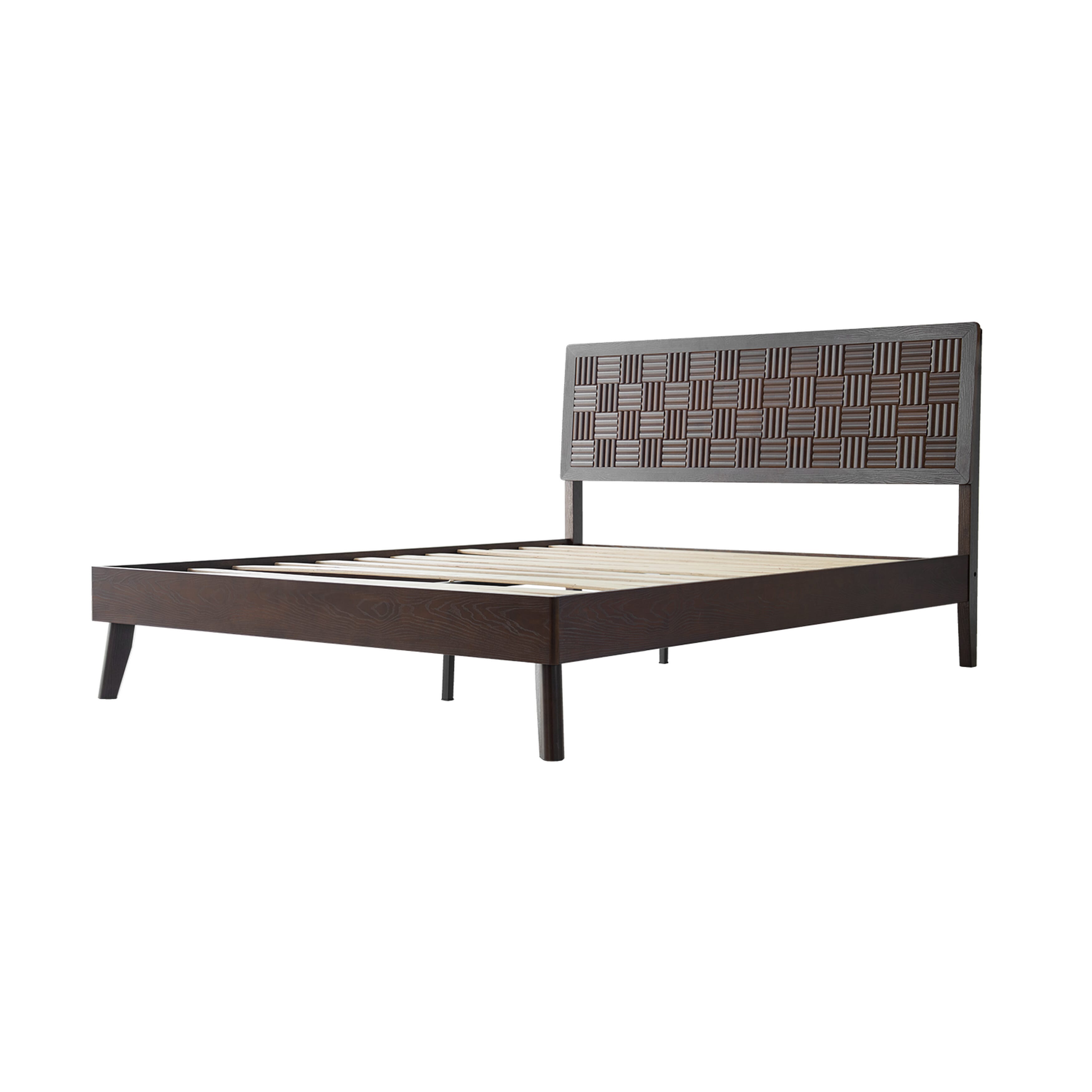 Queen Size Platform Bed Frame with Headboard & Footboard, Central Metal Legs, 12 Slatted Base, No Box Spring Needed, Anti-Slip & Noise-Free, Easy Assembly, Dark Roast Oak Finish, IDQ-32