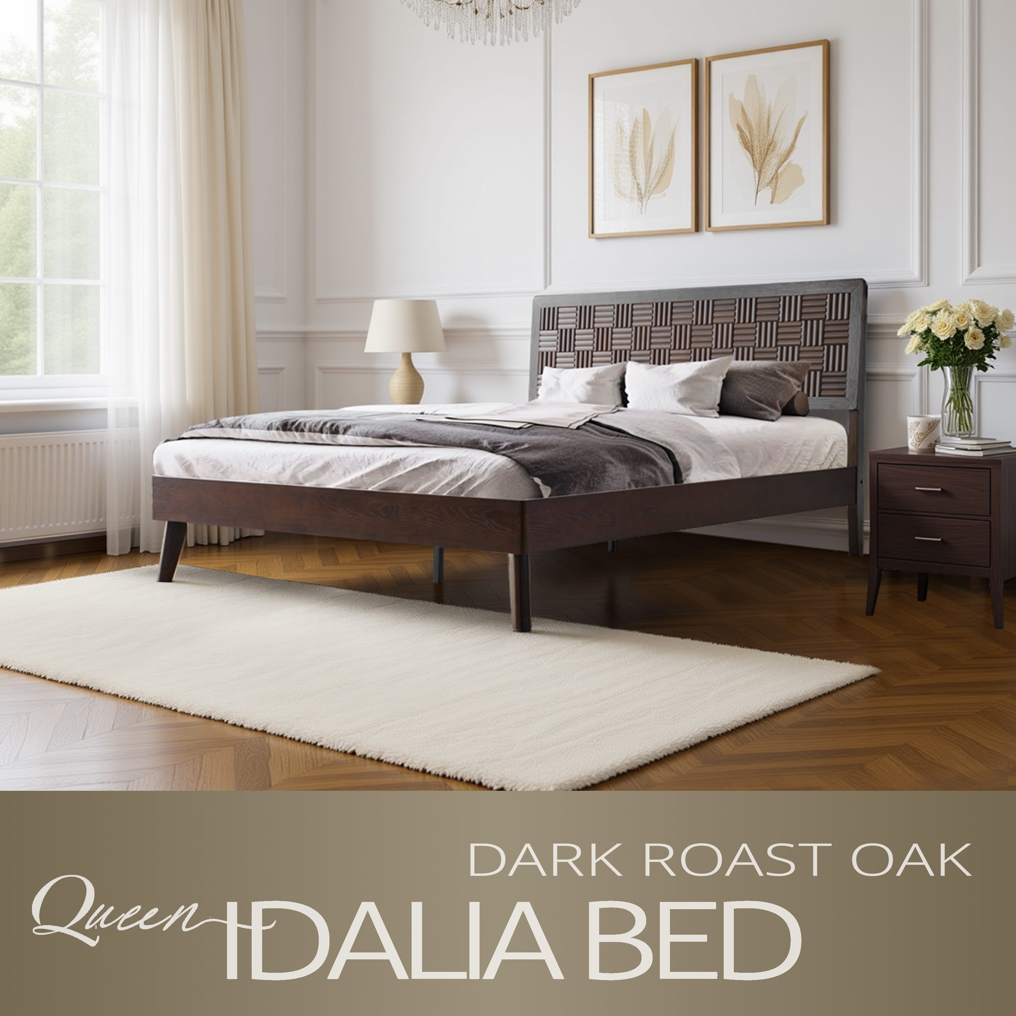 Queen Size Platform Bed Frame with Headboard & Footboard, Central Metal Legs, 12 Slatted Base, No Box Spring Needed, Anti-Slip & Noise-Free, Easy Assembly, Dark Roast Oak Finish, IDQ-32