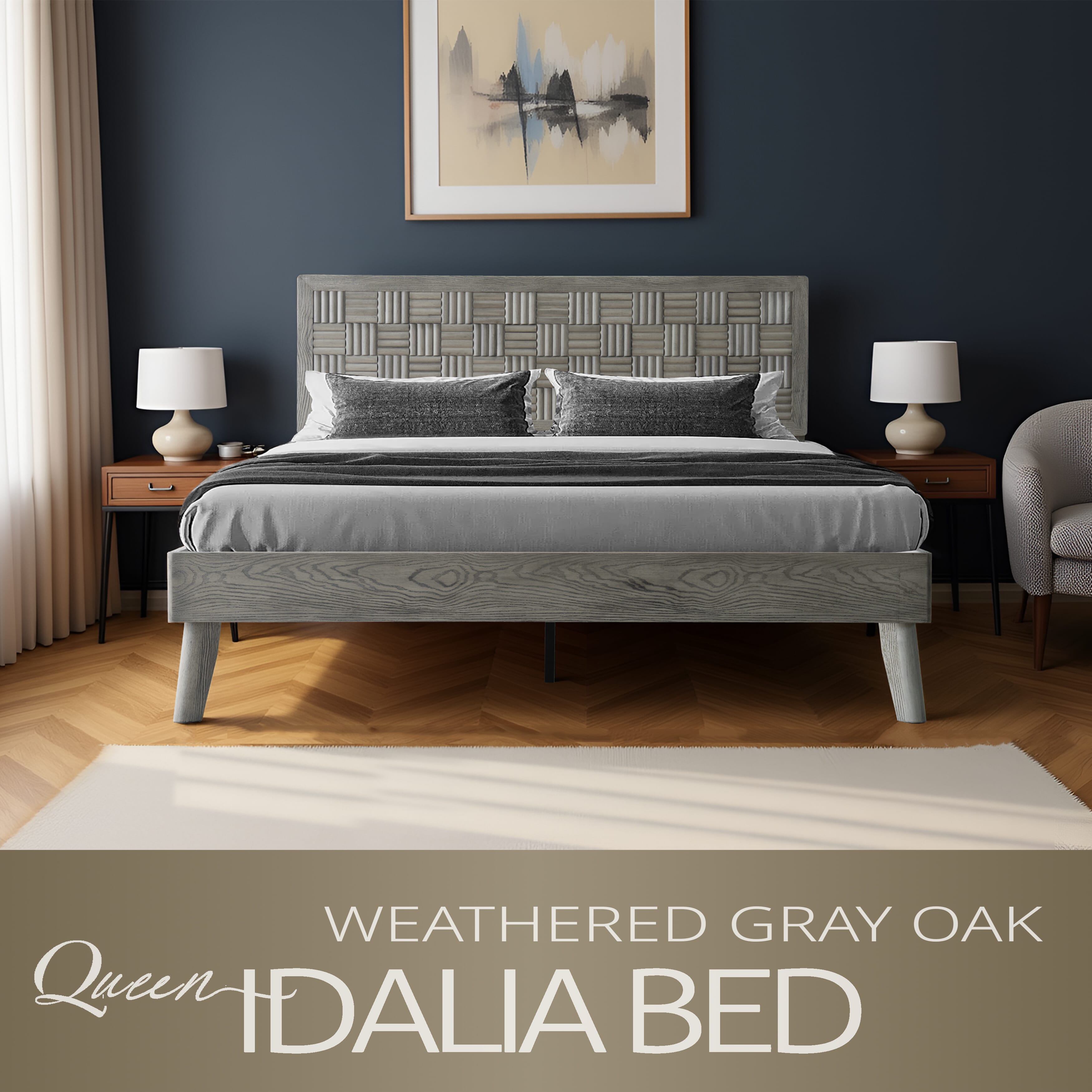 Queen Size Platform Bed Frame with Headboard & Footboard, Central Metal Legs, 12 Solid Wood Strong Slatted Base, Noise-Free & Anti-Slip, No Box Spring Needed, Weathered Gray Oak Finish, IDQ-34