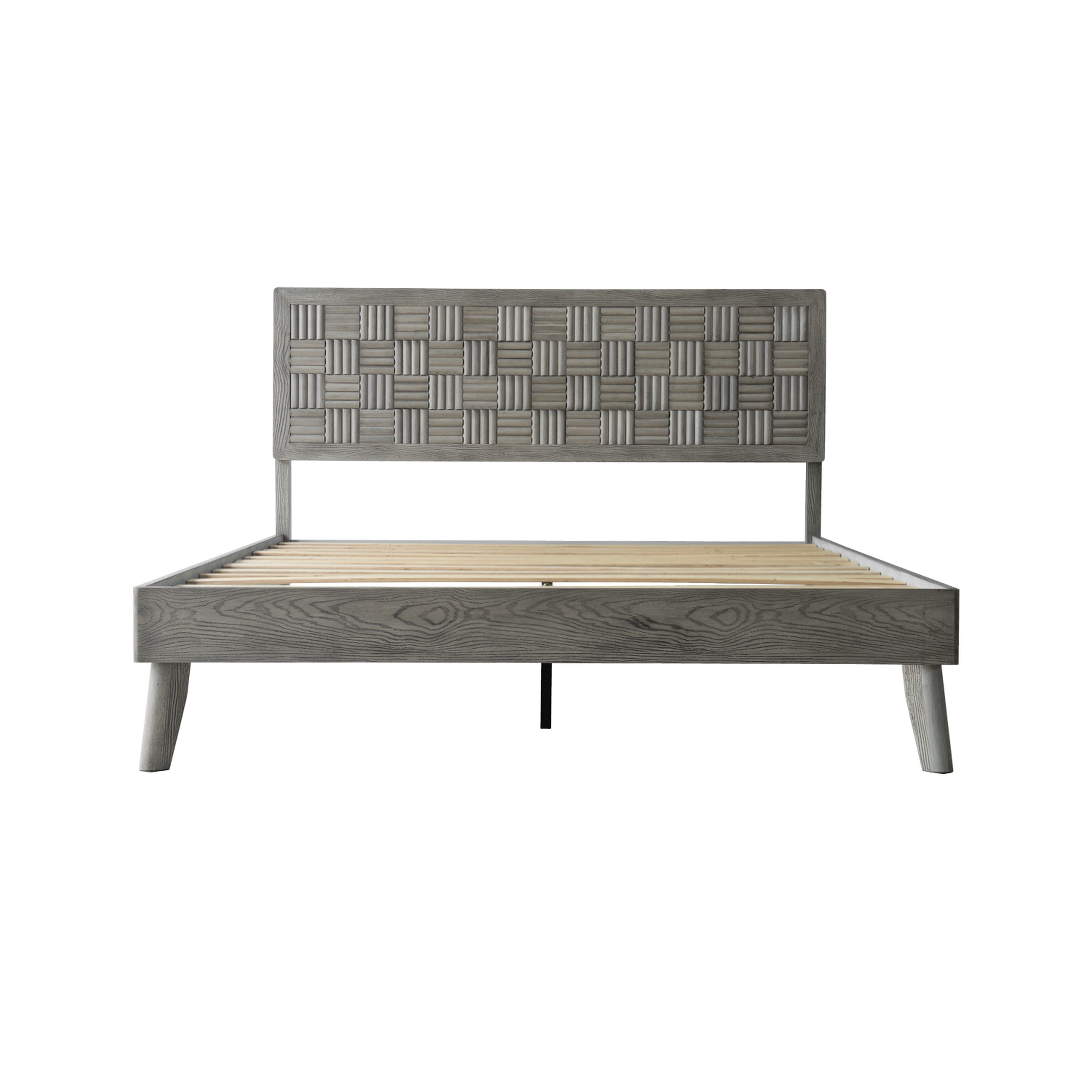 Queen Size Platform Bed Frame with Headboard & Footboard, Central Metal Legs, 12 Solid Wood Strong Slatted Base, Noise-Free & Anti-Slip, No Box Spring Needed, Weathered Gray Oak Finish, IDQ-34