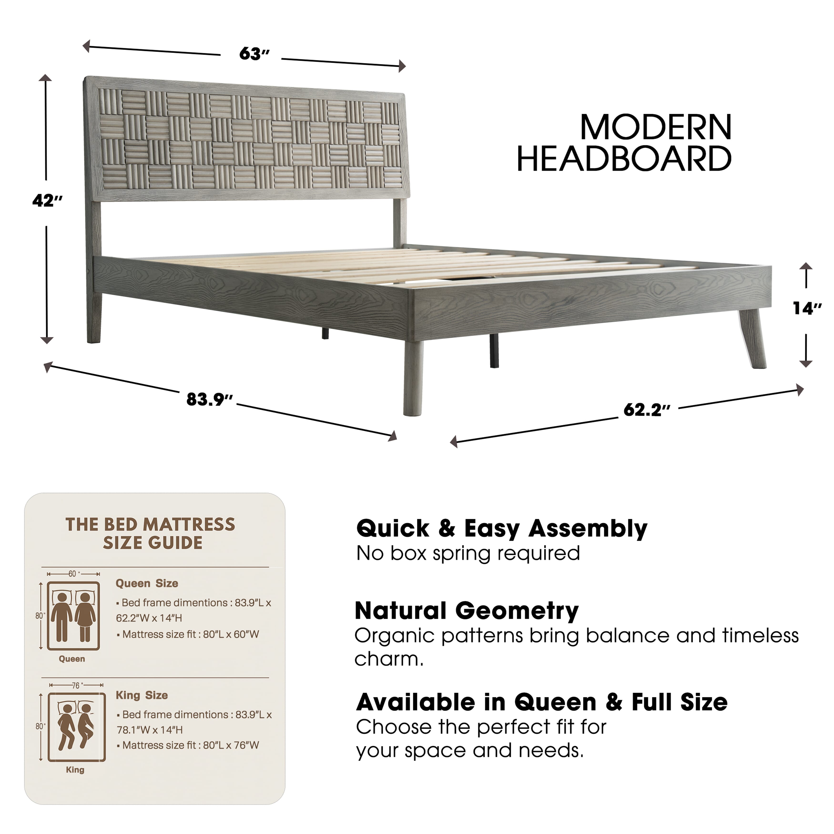 Queen Size Platform Bed Frame with Headboard & Footboard, Central Metal Legs, 12 Solid Wood Strong Slatted Base, Noise-Free & Anti-Slip, No Box Spring Needed, Weathered Gray Oak Finish, IDQ-34