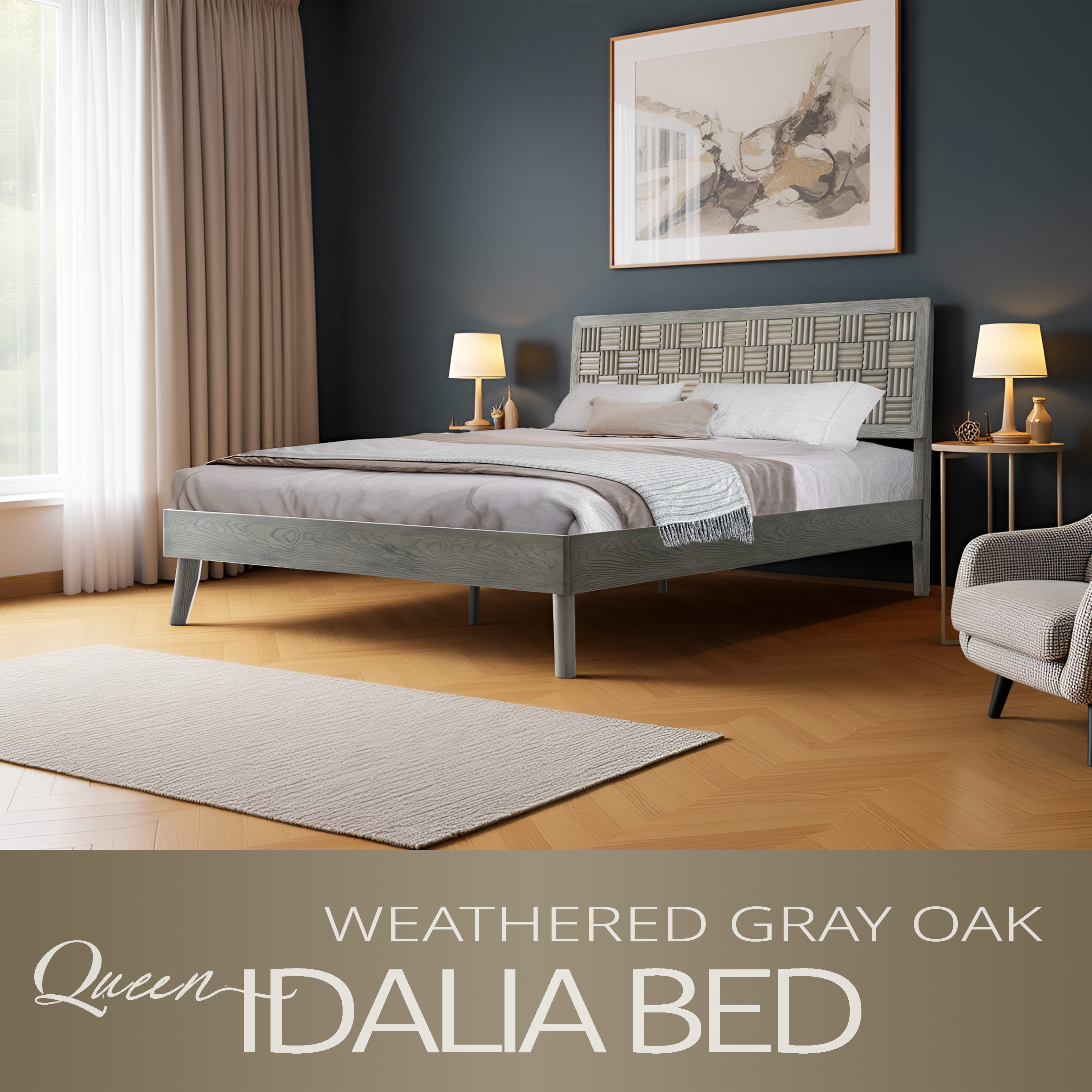 Queen Size Platform Bed Frame with Headboard & Footboard, Central Metal Legs, 12 Solid Wood Strong Slatted Base, Noise-Free & Anti-Slip, No Box Spring Needed, Weathered Gray Oak Finish, IDQ-34