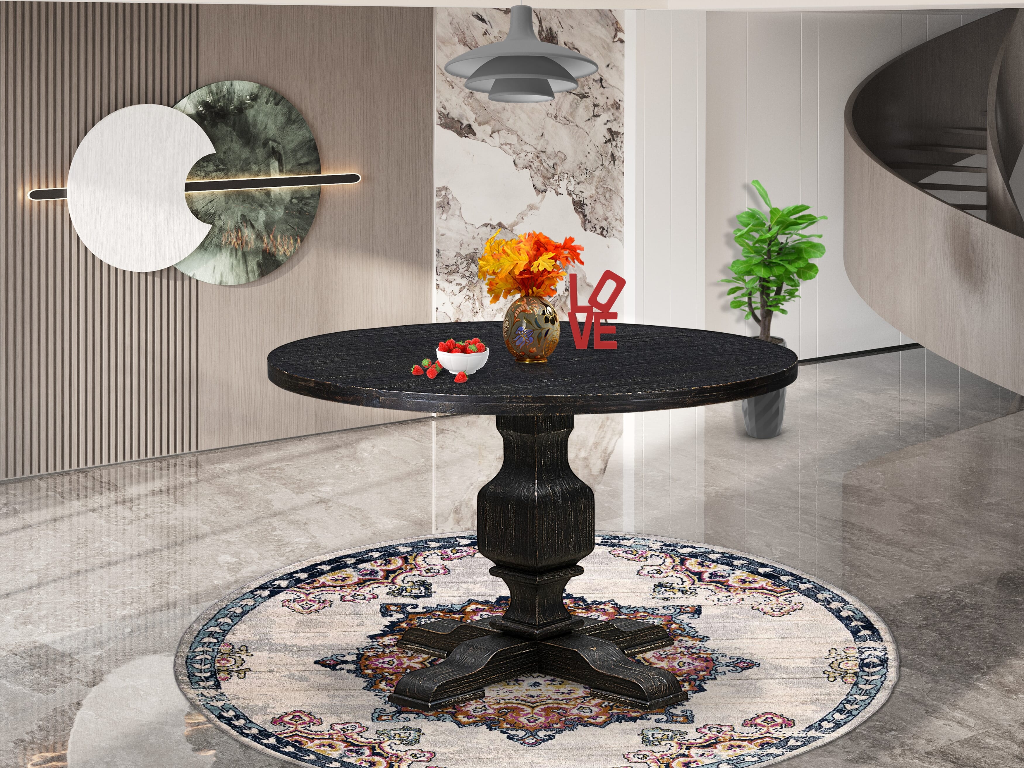 Luxe by East West Furniture I3DA7-411-26 7 Piece Dining Table Set Includes a 48" Round Table with Pedestal and 6 Burgandy Faux Leather Upholstered Chairs, Sand Blasted Black